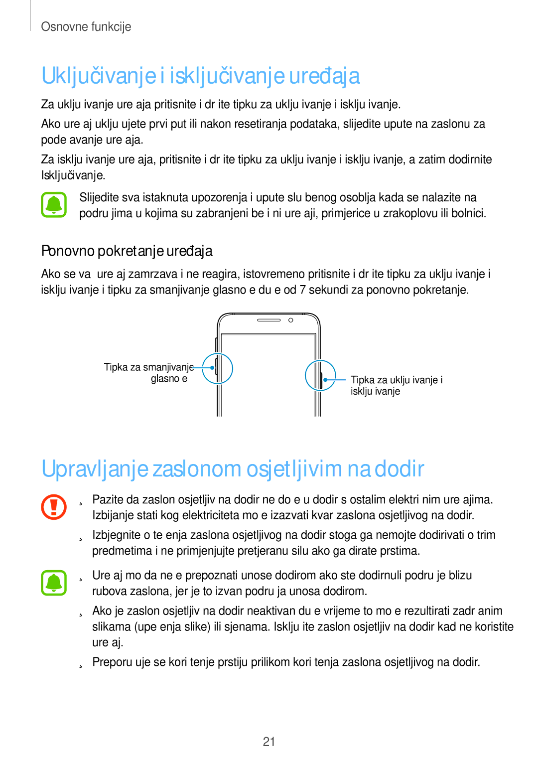 Samsung SM-A310FZKASEE manual Uključivanje i isključivanje uređaja, Upravljanje zaslonom osjetljivim na dodir 