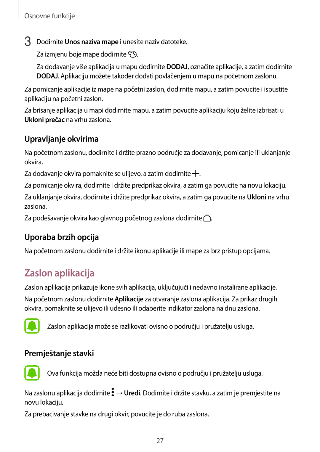 Samsung SM-A310FZKASEE manual Zaslon aplikacija, Upravljanje okvirima, Uporaba brzih opcija 