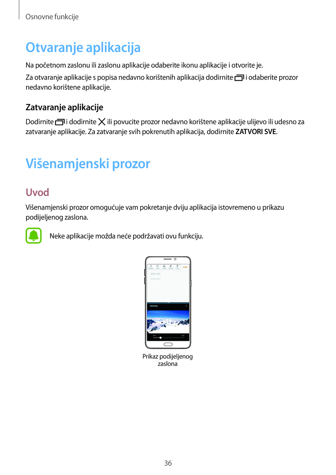 Samsung SM-A310FZKASEE manual Otvaranje aplikacija, Višenamjenski prozor, Uvod, Zatvaranje aplikacije 