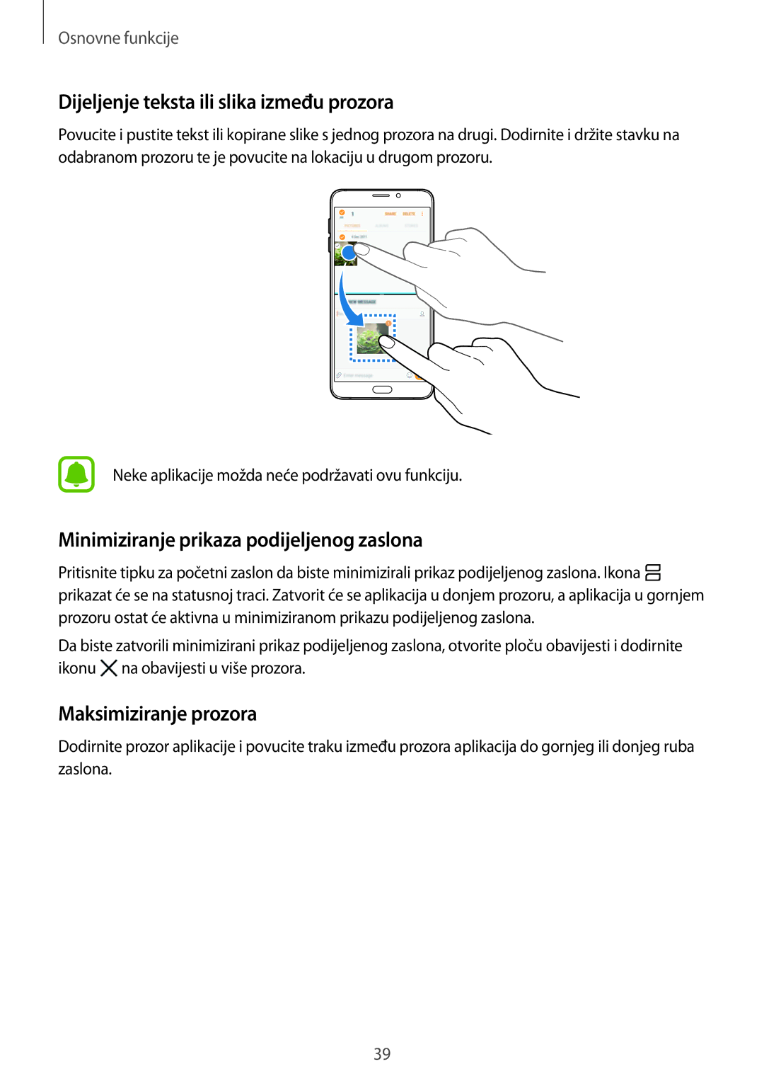 Samsung SM-A310FZKASEE manual Dijeljenje teksta ili slika između prozora, Minimiziranje prikaza podijeljenog zaslona 