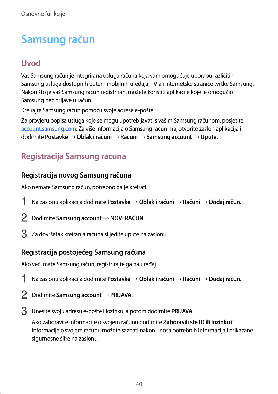 Samsung SM-A310FZKASEE manual Registracija Samsung računa, Registracija novog Samsung računa 