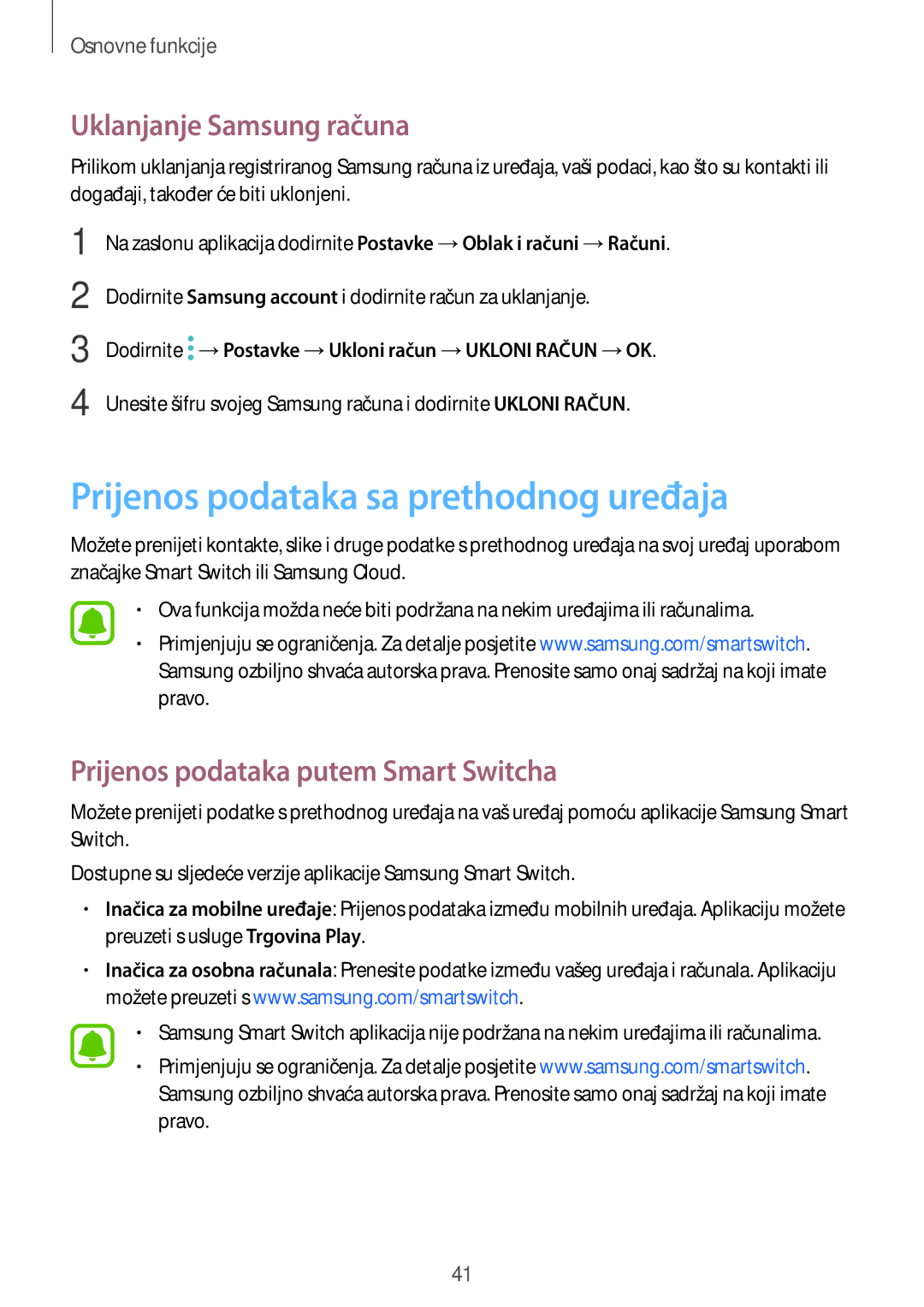 Samsung SM-A310FZKASEE manual Prijenos podataka sa prethodnog uređaja, Uklanjanje Samsung računa 