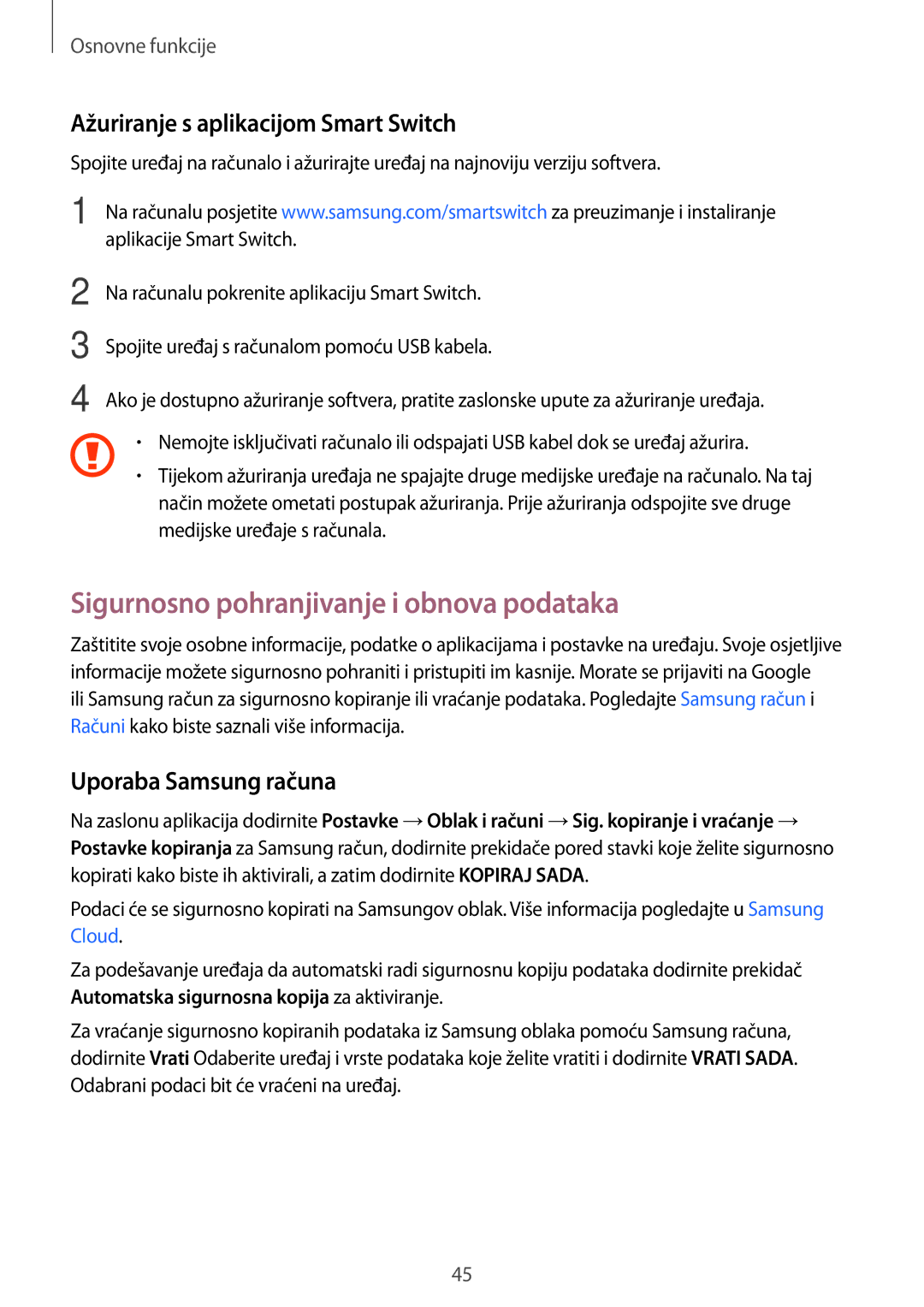 Samsung SM-A310FZKASEE manual Sigurnosno pohranjivanje i obnova podataka, Ažuriranje s aplikacijom Smart Switch 