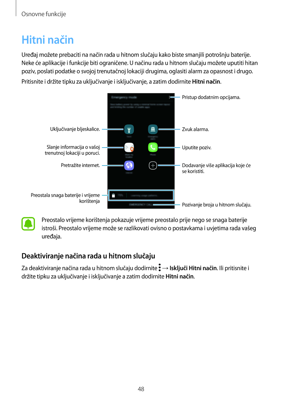 Samsung SM-A310FZKASEE manual Hitni način, Deaktiviranje načina rada u hitnom slučaju 