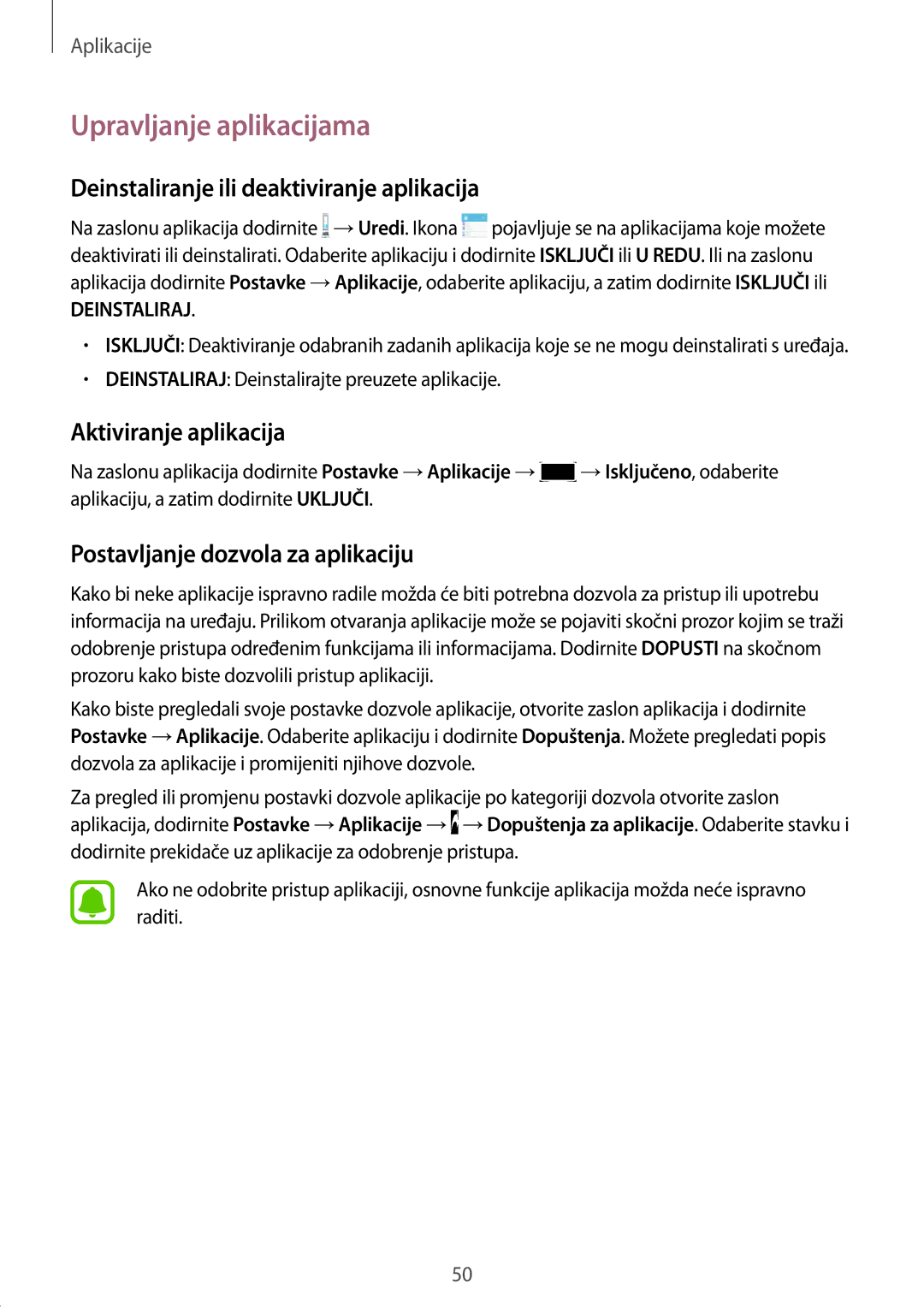 Samsung SM-A310FZKASEE manual Upravljanje aplikacijama, Deinstaliranje ili deaktiviranje aplikacija, Aktiviranje aplikacija 