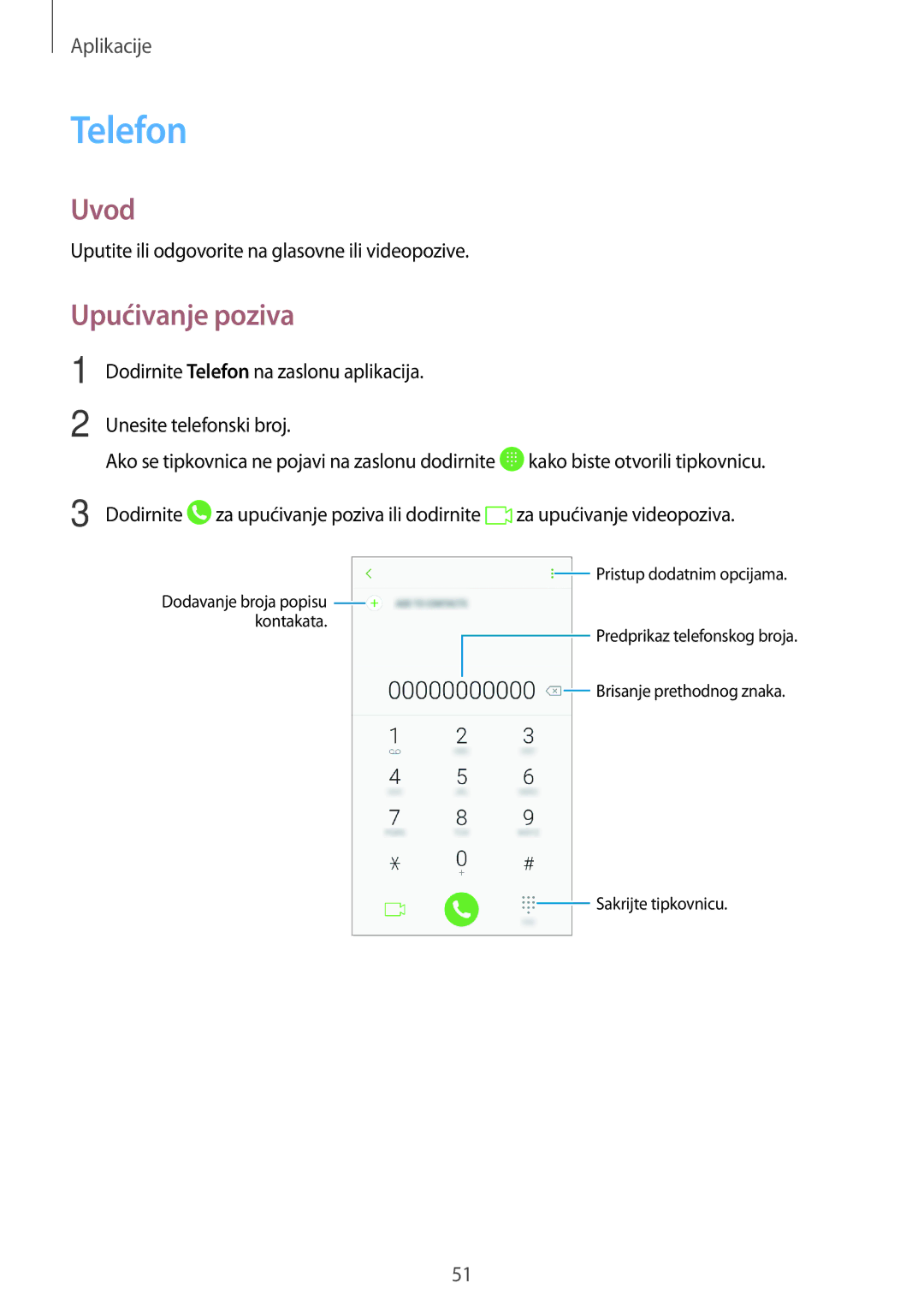 Samsung SM-A310FZKASEE manual Telefon, Upućivanje poziva 