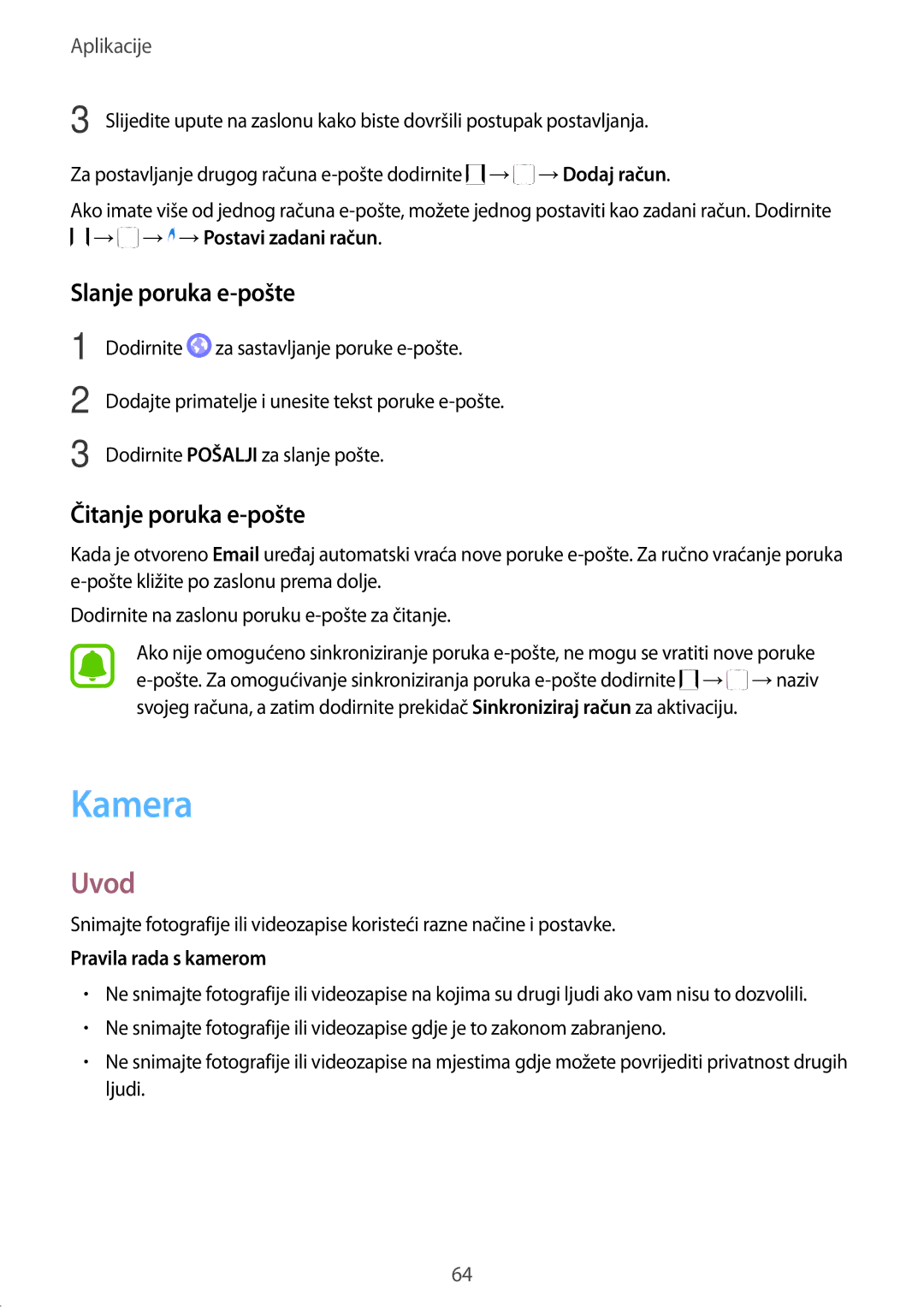 Samsung SM-A310FZKASEE manual Kamera, Slanje poruka e-pošte, Čitanje poruka e-pošte 