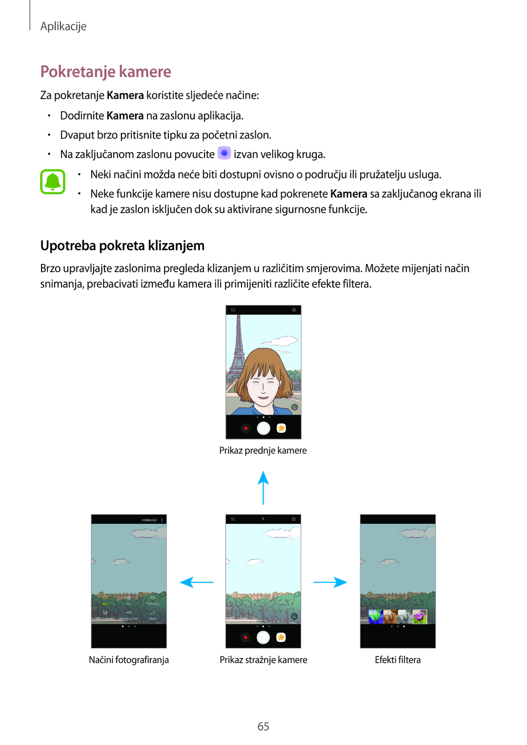 Samsung SM-A310FZKASEE manual Pokretanje kamere, Upotreba pokreta klizanjem 