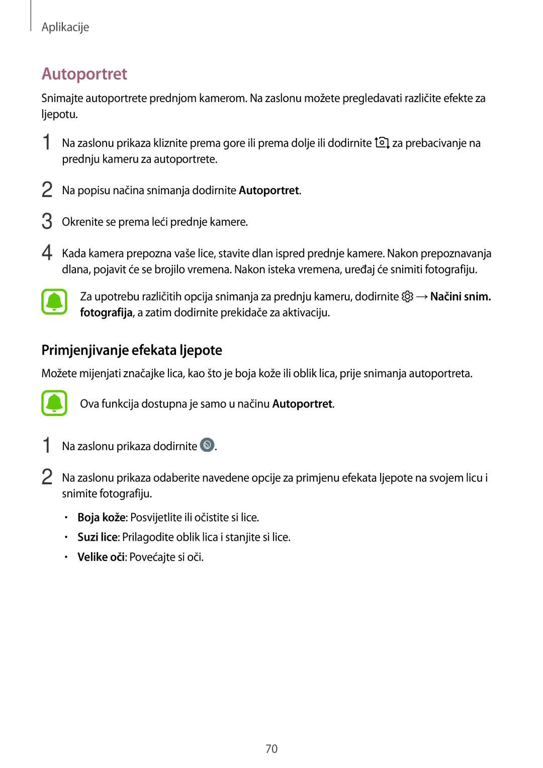 Samsung SM-A310FZKASEE manual Autoportret, Primjenjivanje efekata ljepote 