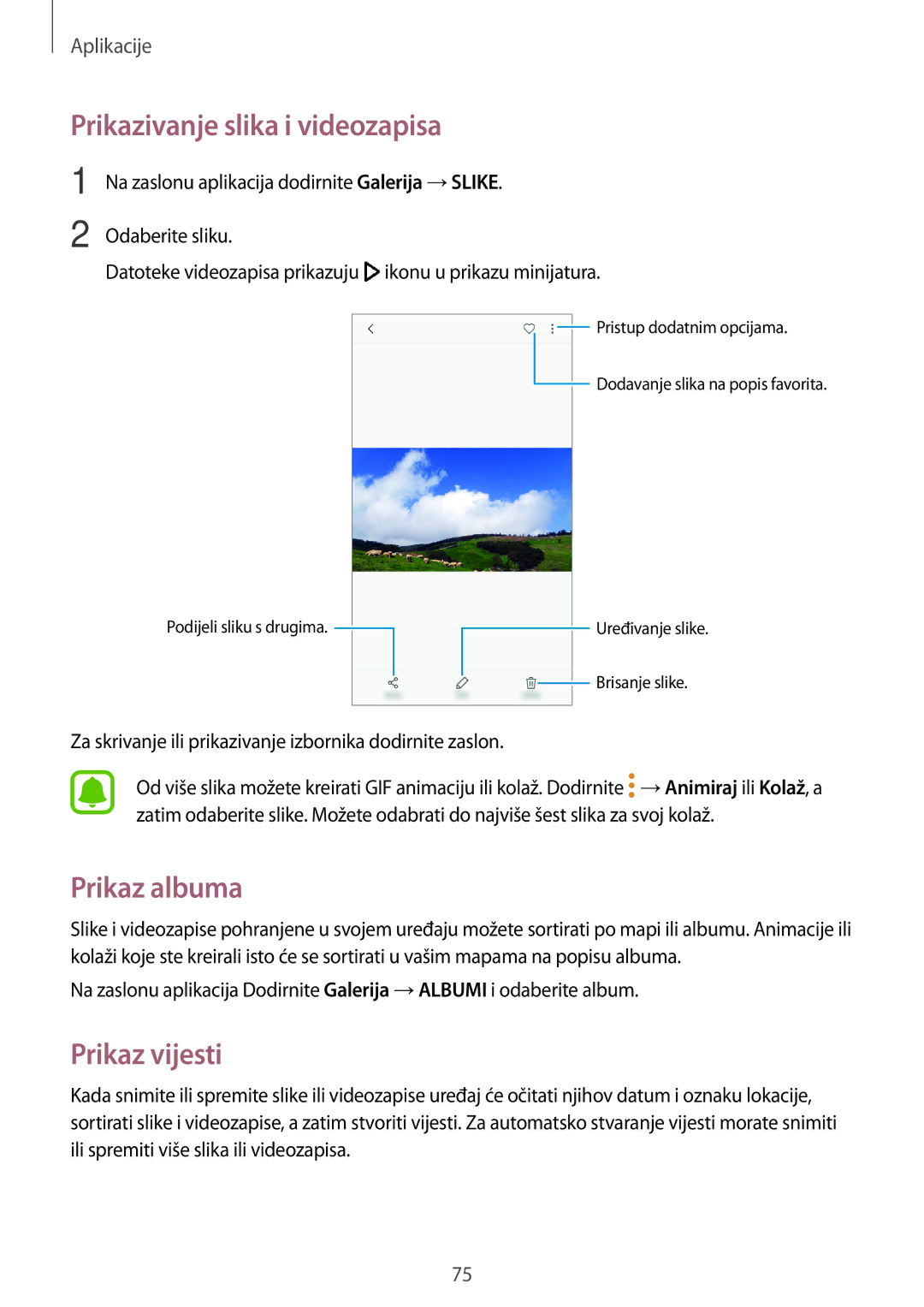 Samsung SM-A310FZKASEE manual Prikazivanje slika i videozapisa, Prikaz albuma, Prikaz vijesti 