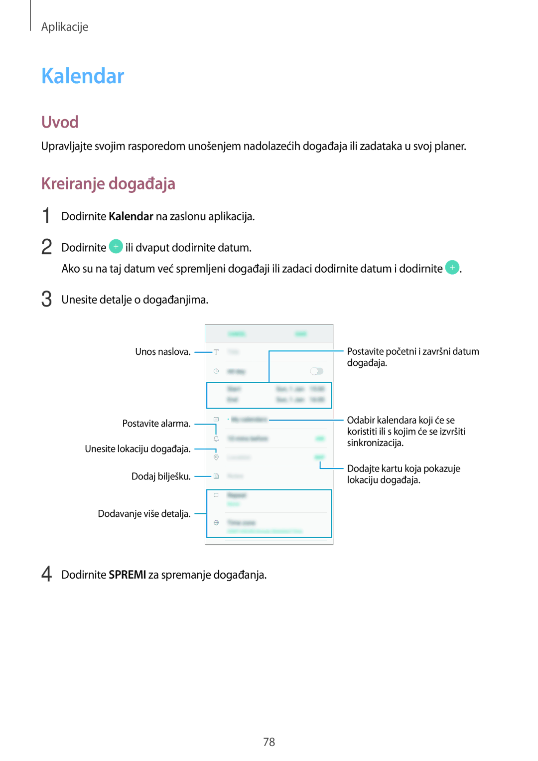 Samsung SM-A310FZKASEE manual Kalendar, Kreiranje događaja 