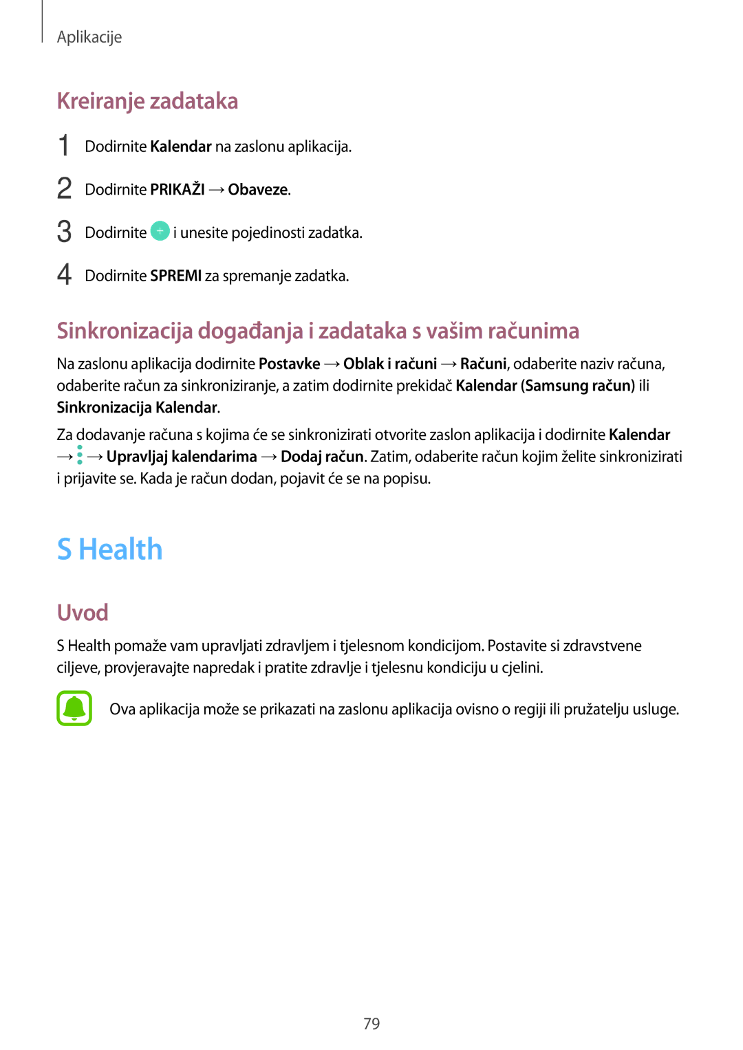 Samsung SM-A310FZKASEE manual Health, Kreiranje zadataka, Sinkronizacija događanja i zadataka s vašim računima 