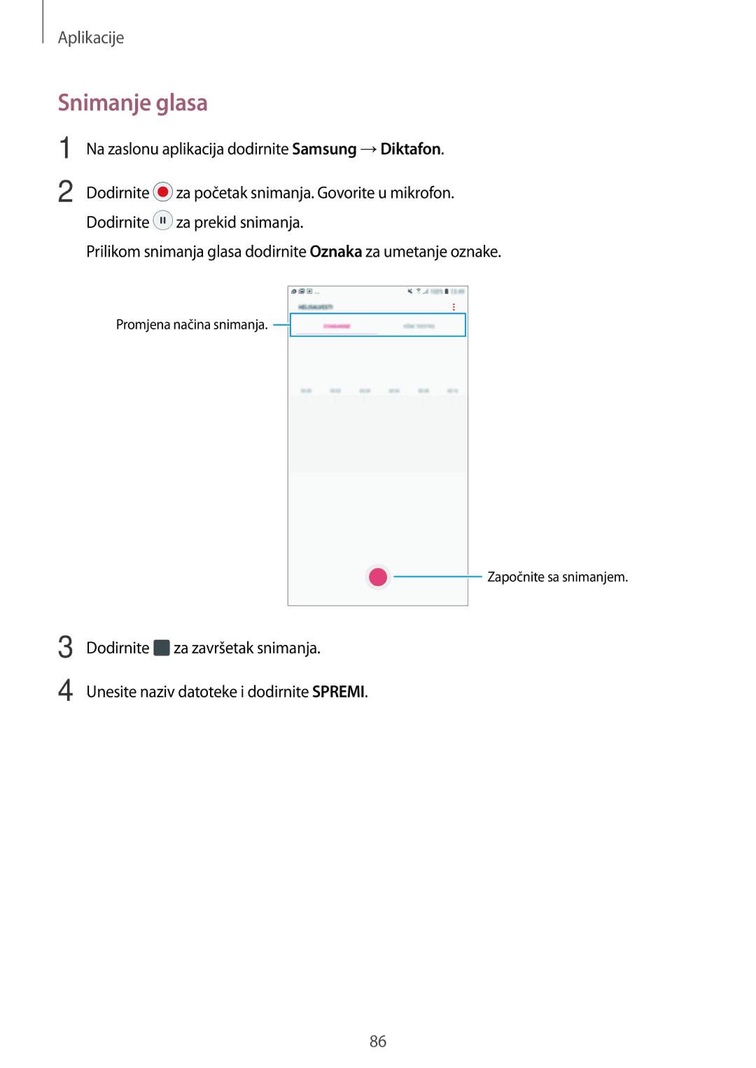 Samsung SM-A310FZKASEE manual Snimanje glasa 