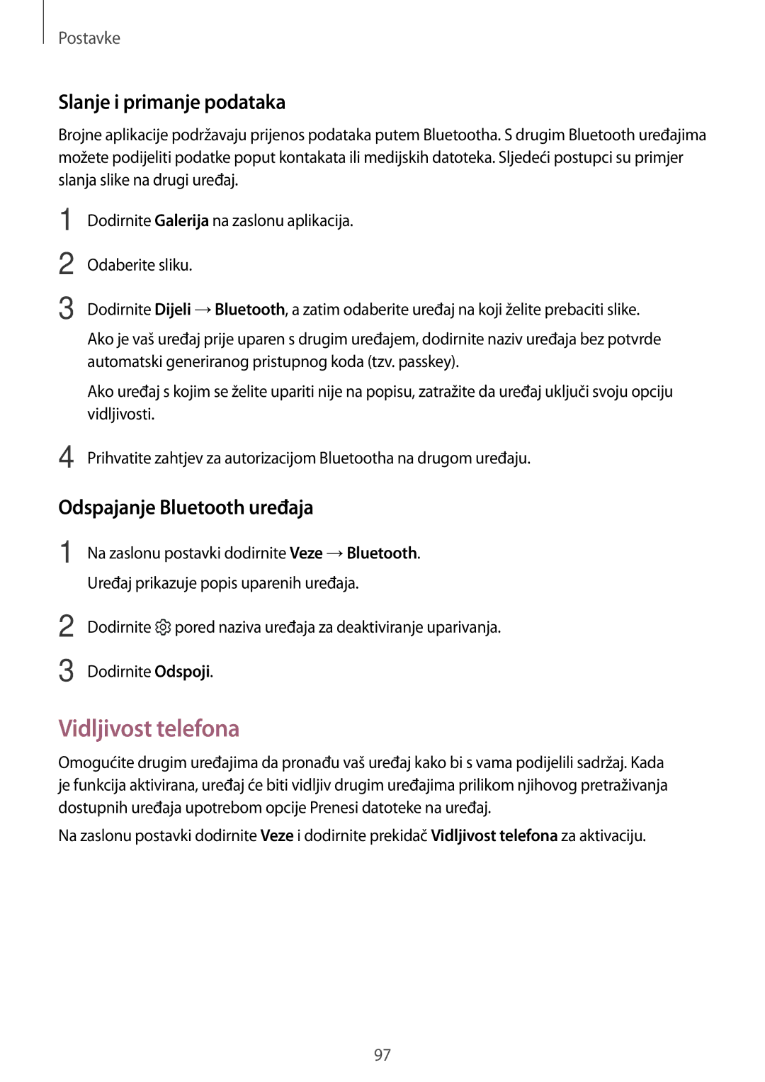 Samsung SM-A310FZKASEE manual Vidljivost telefona, Slanje i primanje podataka, Odspajanje Bluetooth uređaja 