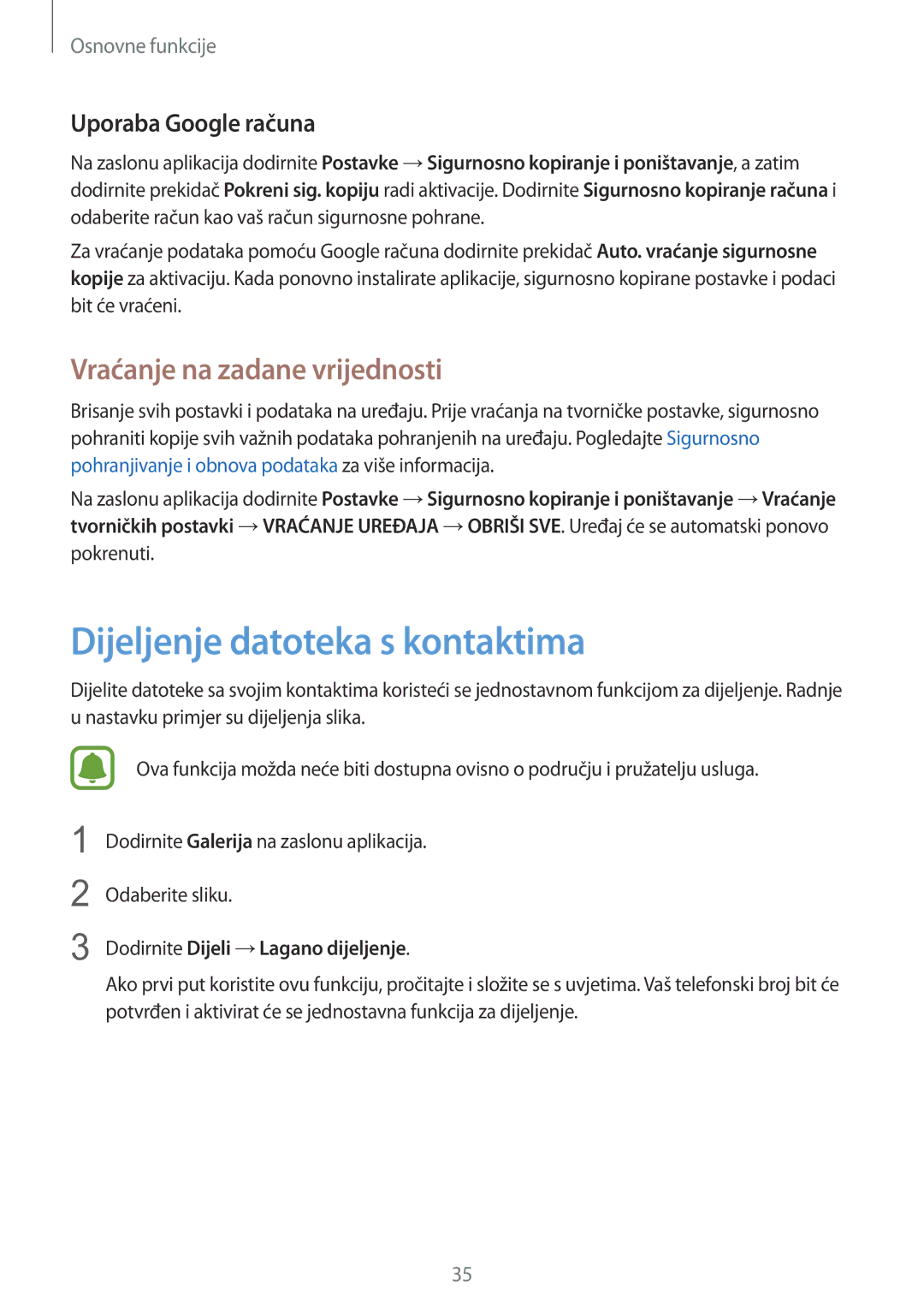 Samsung SM-A310FZKASEE manual Dijeljenje datoteka s kontaktima, Vraćanje na zadane vrijednosti, Uporaba Google računa 