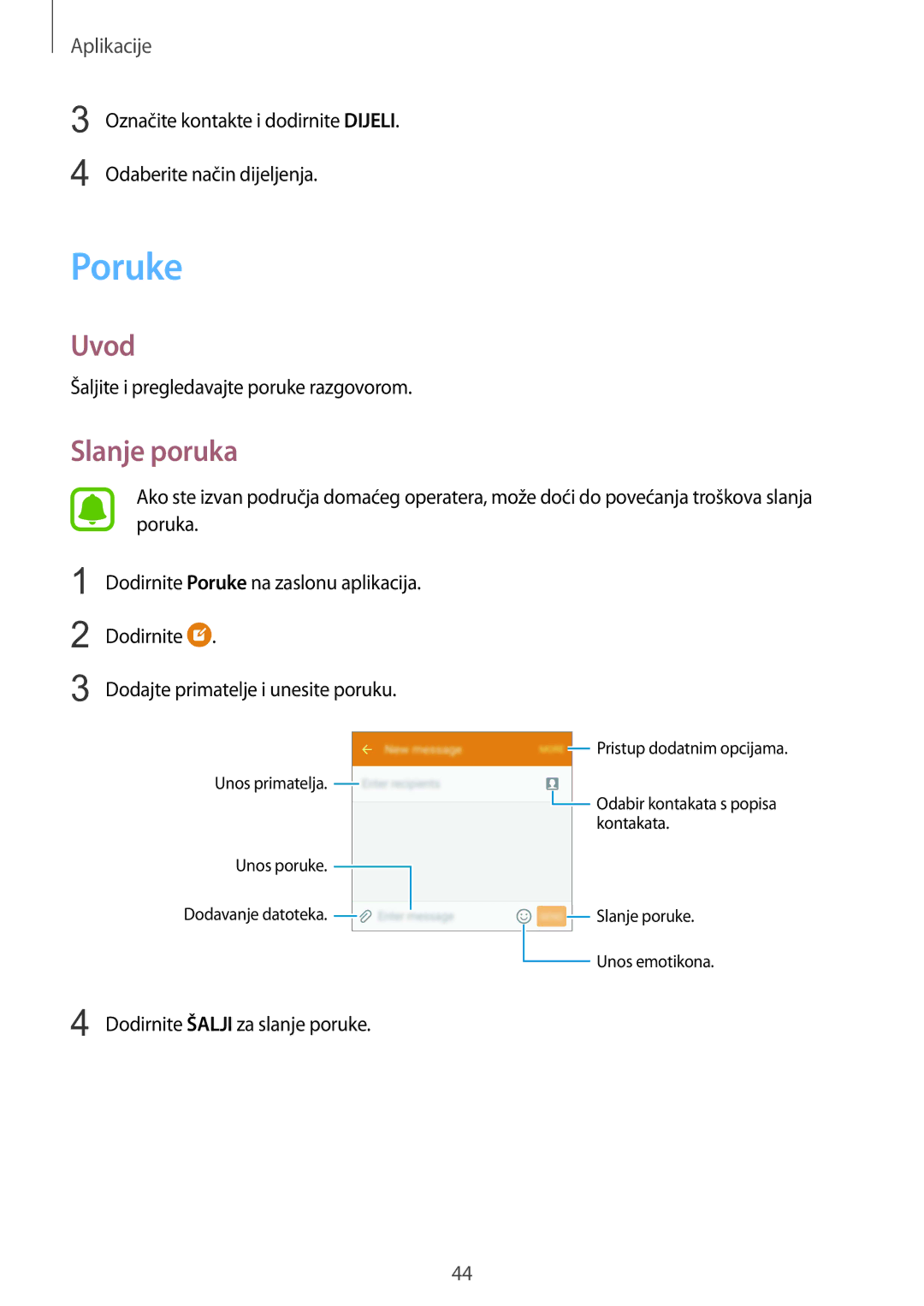 Samsung SM-A310FZKASEE manual Poruke, Slanje poruka 