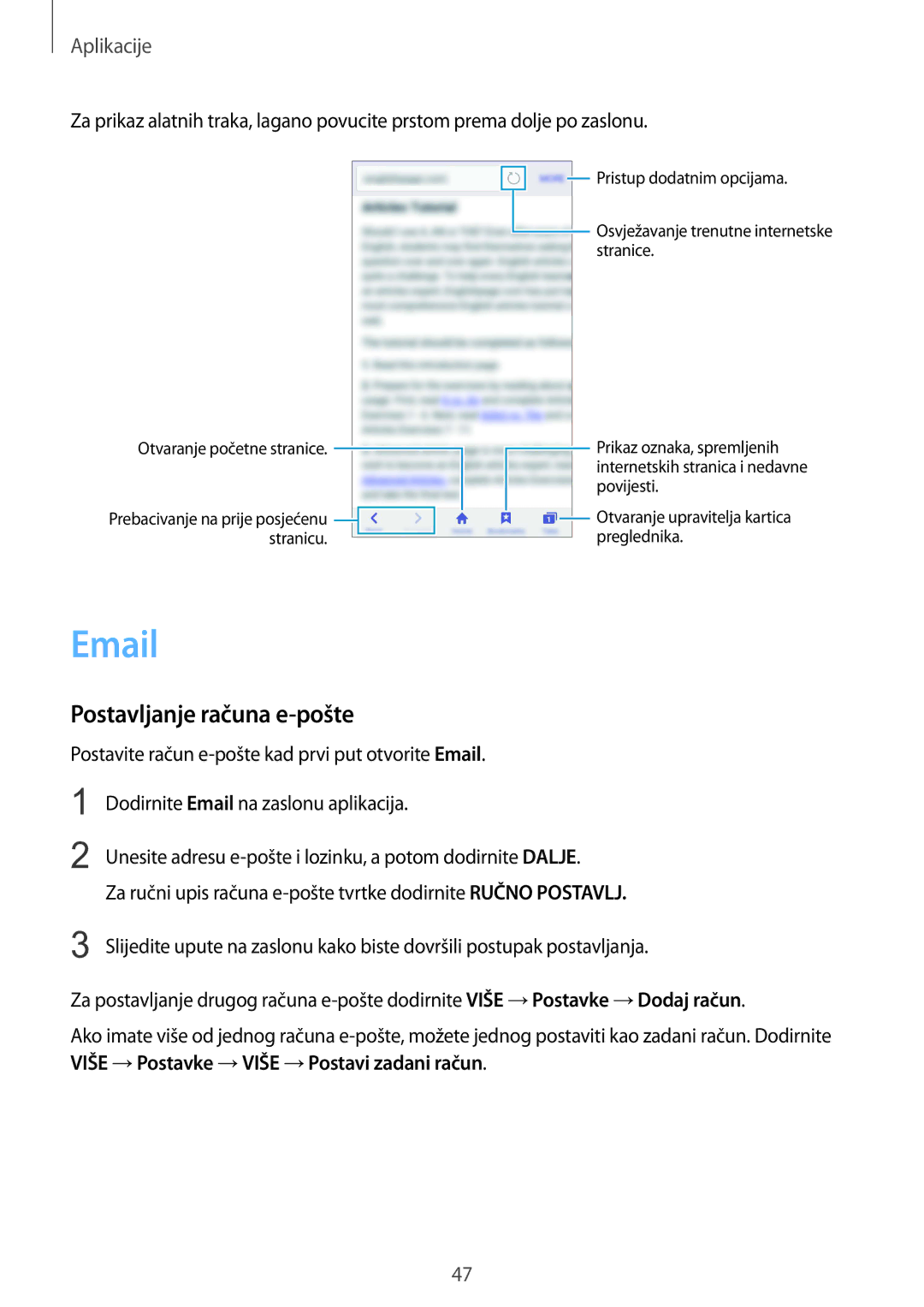 Samsung SM-A310FZKASEE manual Postavljanje računa e-pošte 