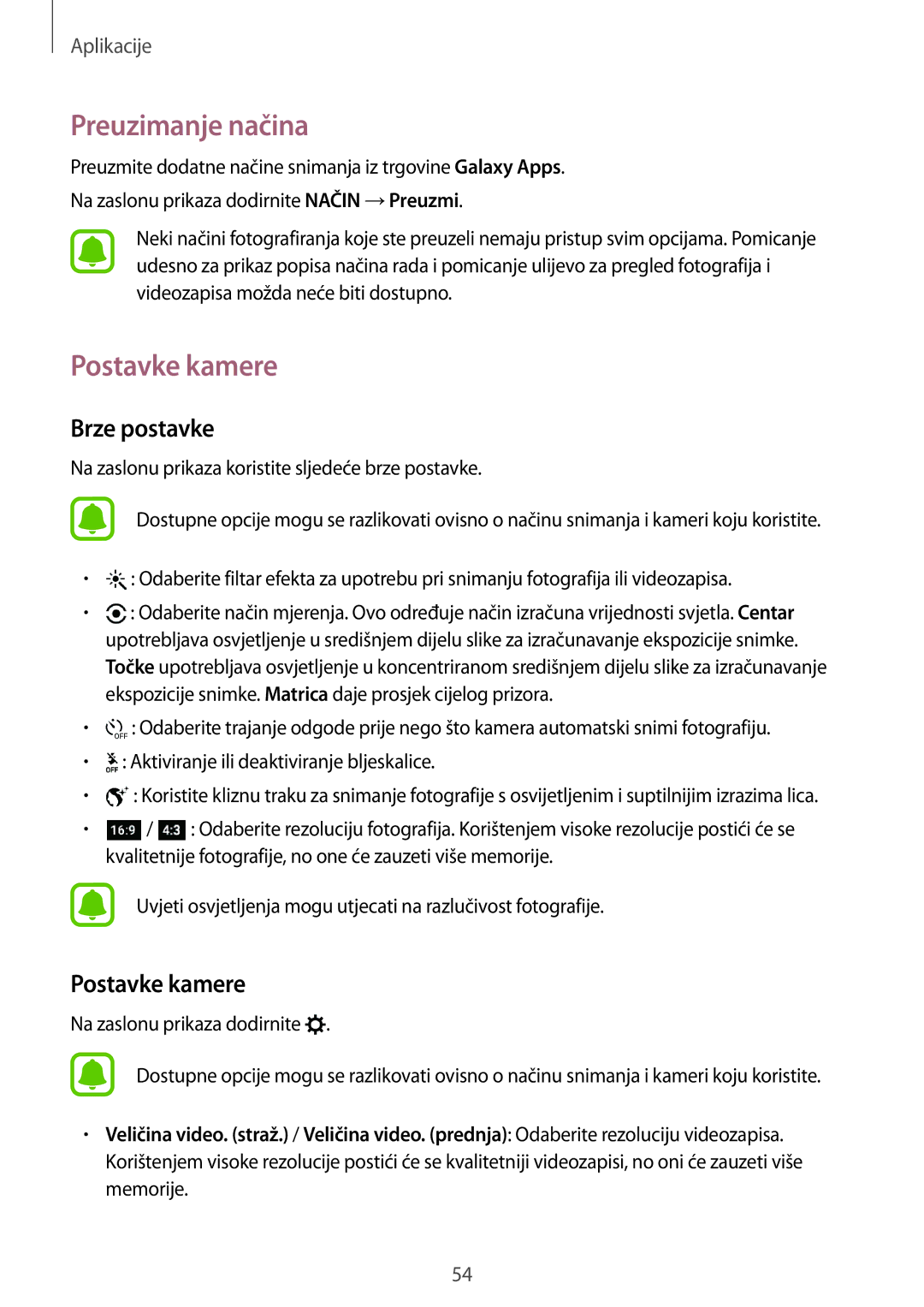 Samsung SM-A310FZKASEE manual Preuzimanje načina, Postavke kamere, Brze postavke 