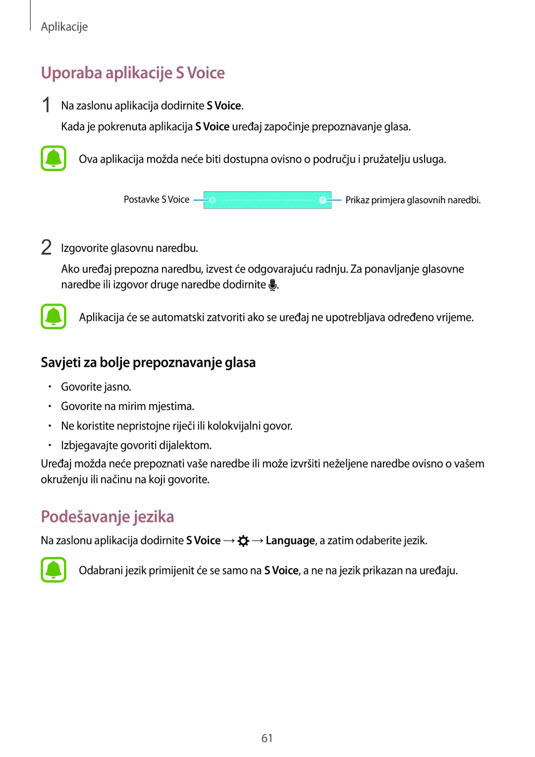 Samsung SM-A310FZKASEE manual Uporaba aplikacije S Voice, Podešavanje jezika, Savjeti za bolje prepoznavanje glasa 