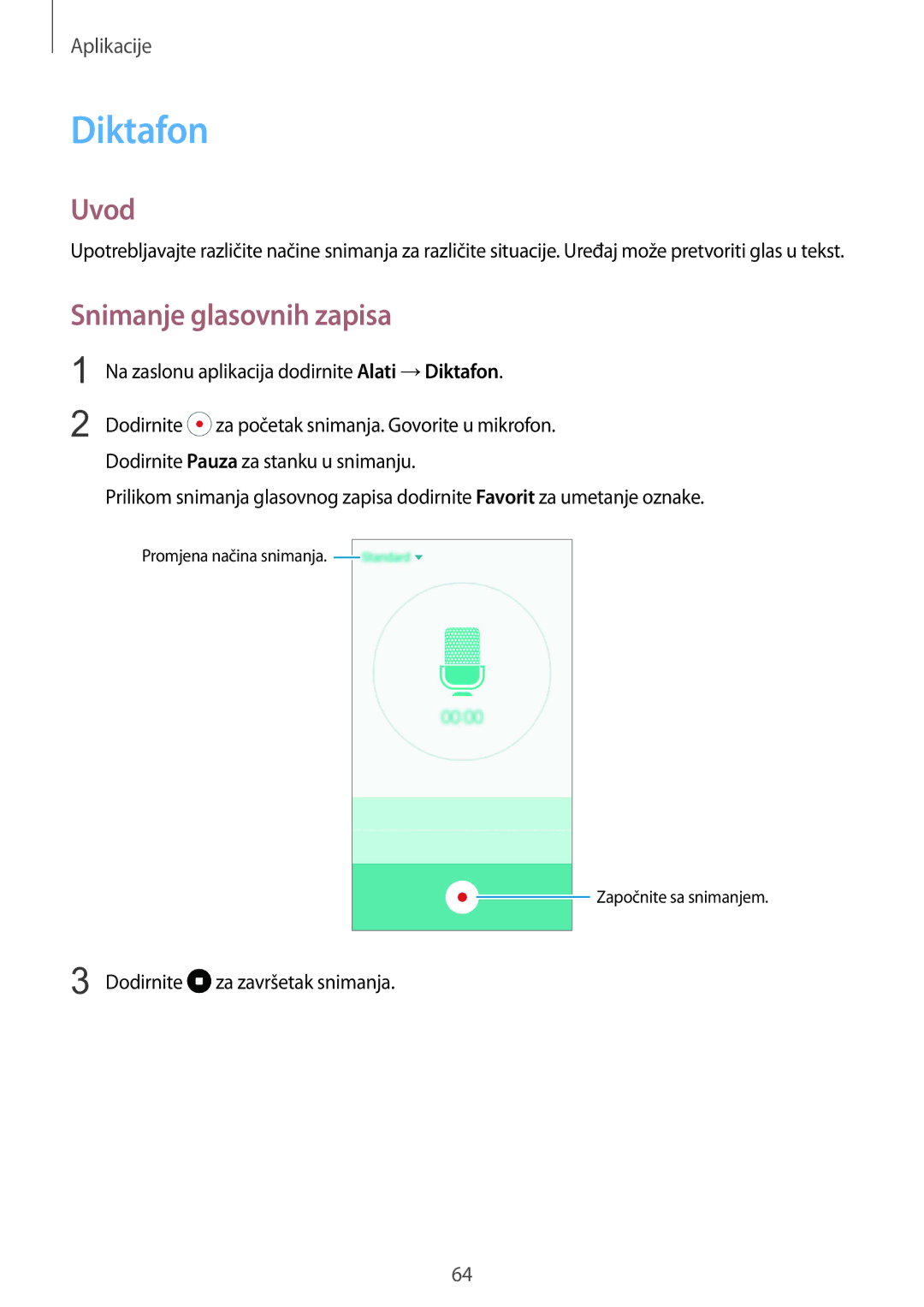 Samsung SM-A310FZKASEE manual Diktafon, Snimanje glasovnih zapisa 