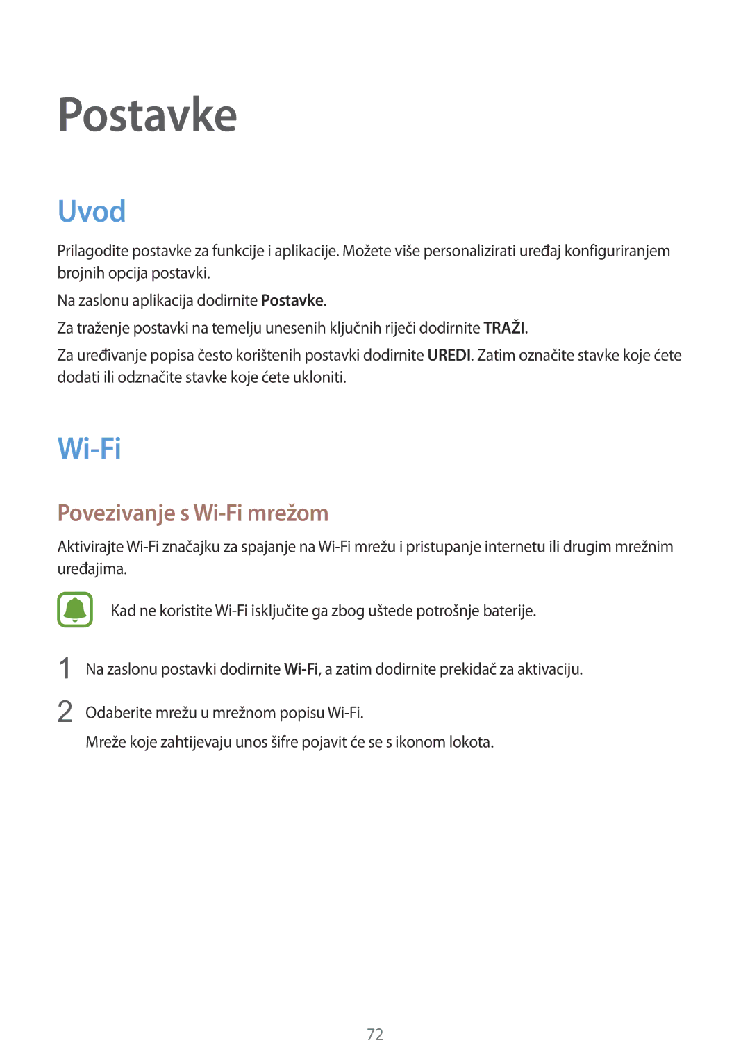 Samsung SM-A310FZKASEE manual Uvod, Povezivanje s Wi-Fi mrežom 