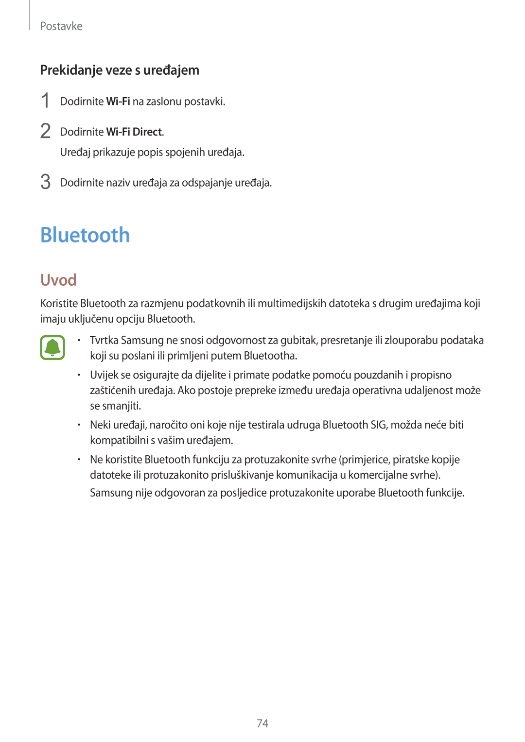 Samsung SM-A310FZKASEE manual Bluetooth, Prekidanje veze s uređajem 