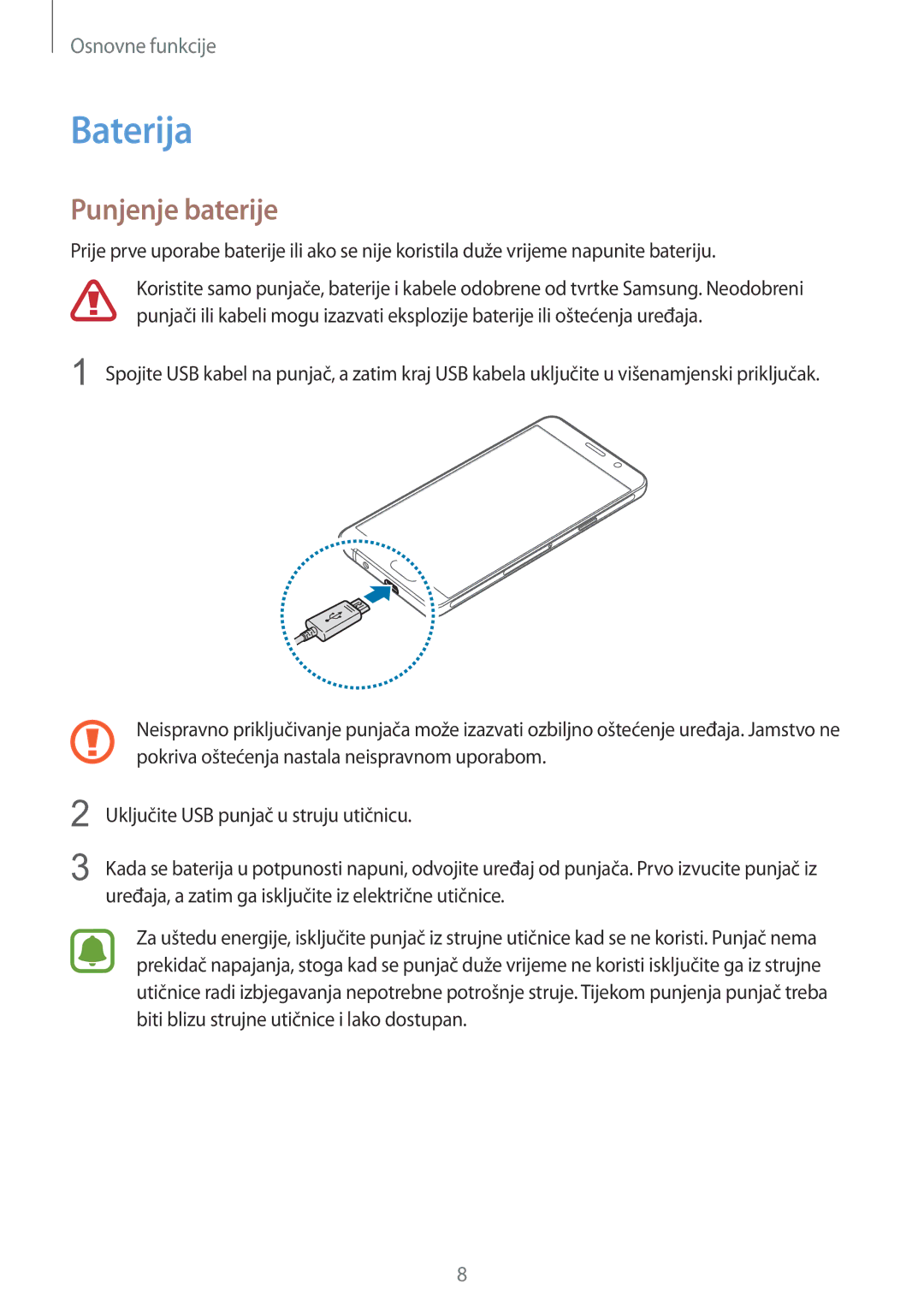 Samsung SM-A310FZKASEE manual Baterija, Punjenje baterije 