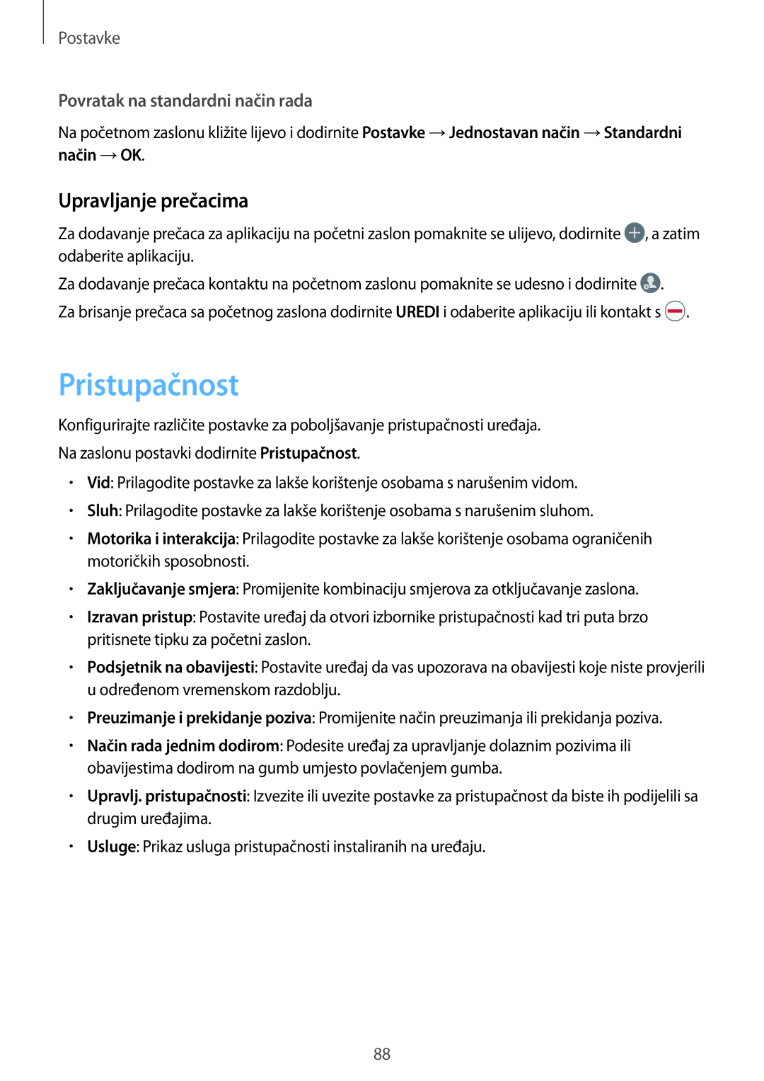 Samsung SM-A310FZKASEE manual Pristupačnost, Upravljanje prečacima 