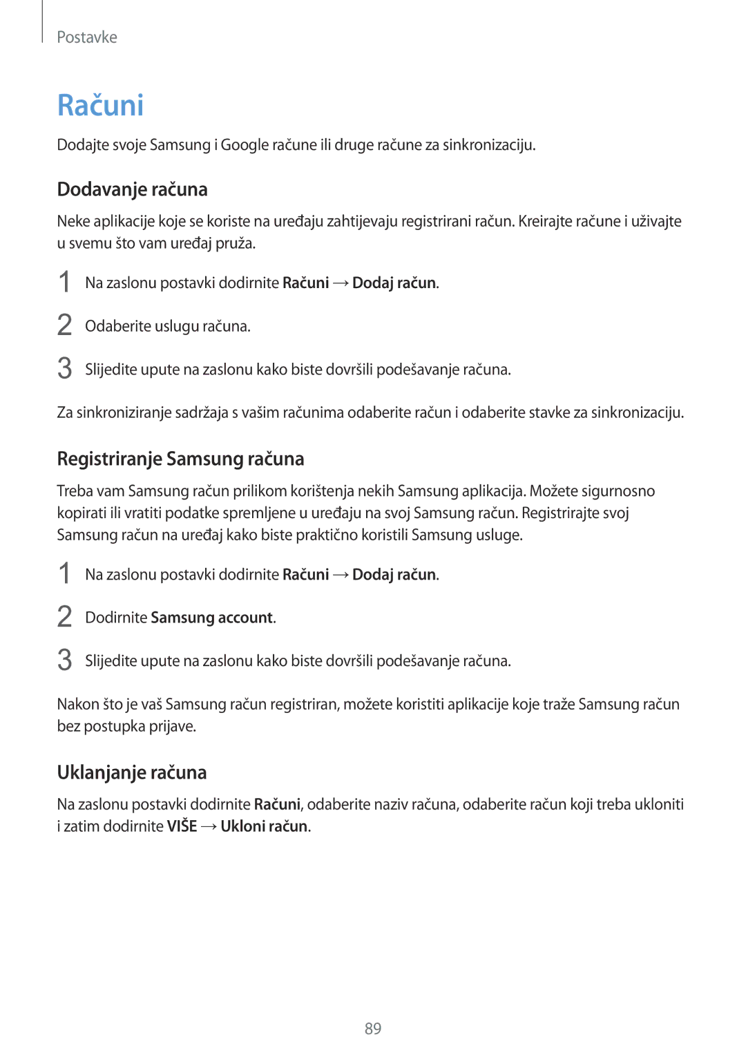 Samsung SM-A310FZKASEE manual Računi, Dodavanje računa, Registriranje Samsung računa, Uklanjanje računa 