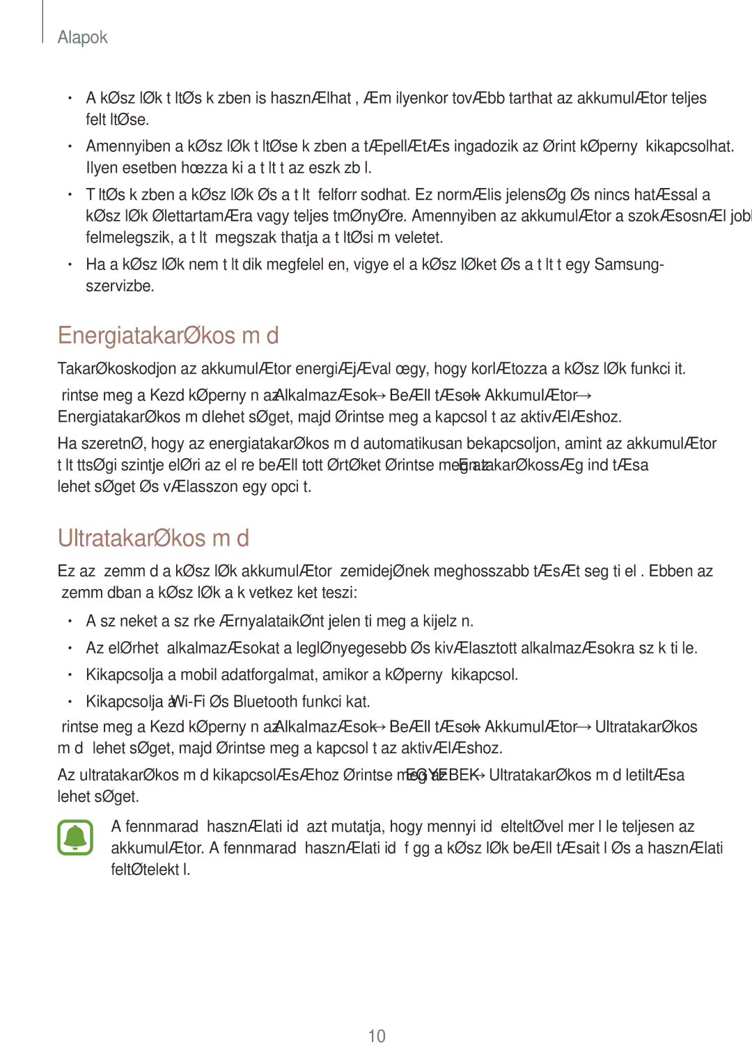 Samsung SM-A310FZWAXEH, SM-A310FZKAXEH, SM-A310FZDAXEH manual Energiatakarékos mód, Ultratakarékos mód 