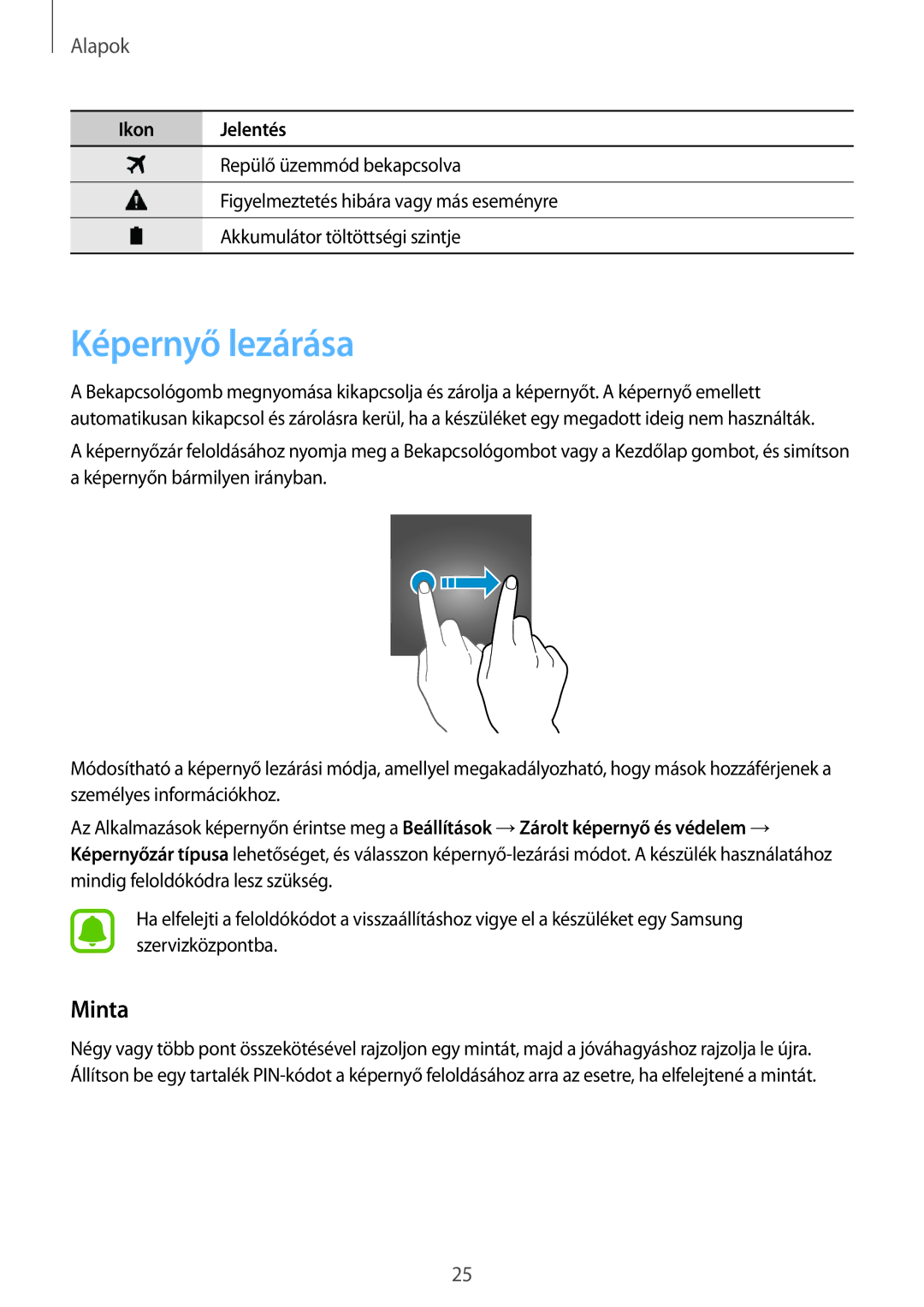 Samsung SM-A310FZWAXEH, SM-A310FZKAXEH, SM-A310FZDAXEH manual Képernyő lezárása, Minta 