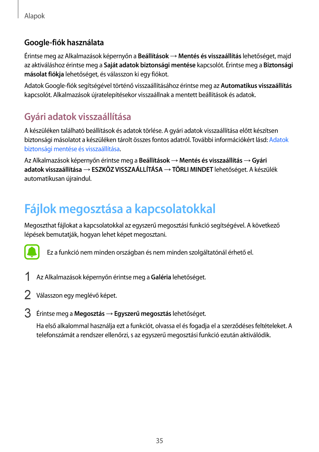 Samsung SM-A310FZDAXEH manual Fájlok megosztása a kapcsolatokkal, Gyári adatok visszaállítása, Google-fiók használata 