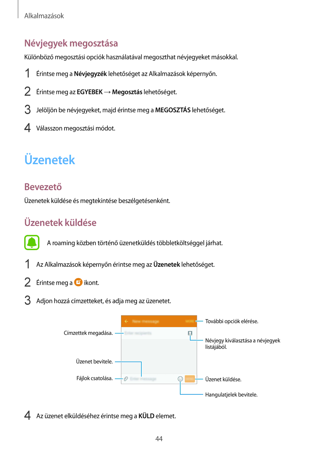 Samsung SM-A310FZDAXEH, SM-A310FZKAXEH, SM-A310FZWAXEH manual Névjegyek megosztása, Üzenetek küldése 