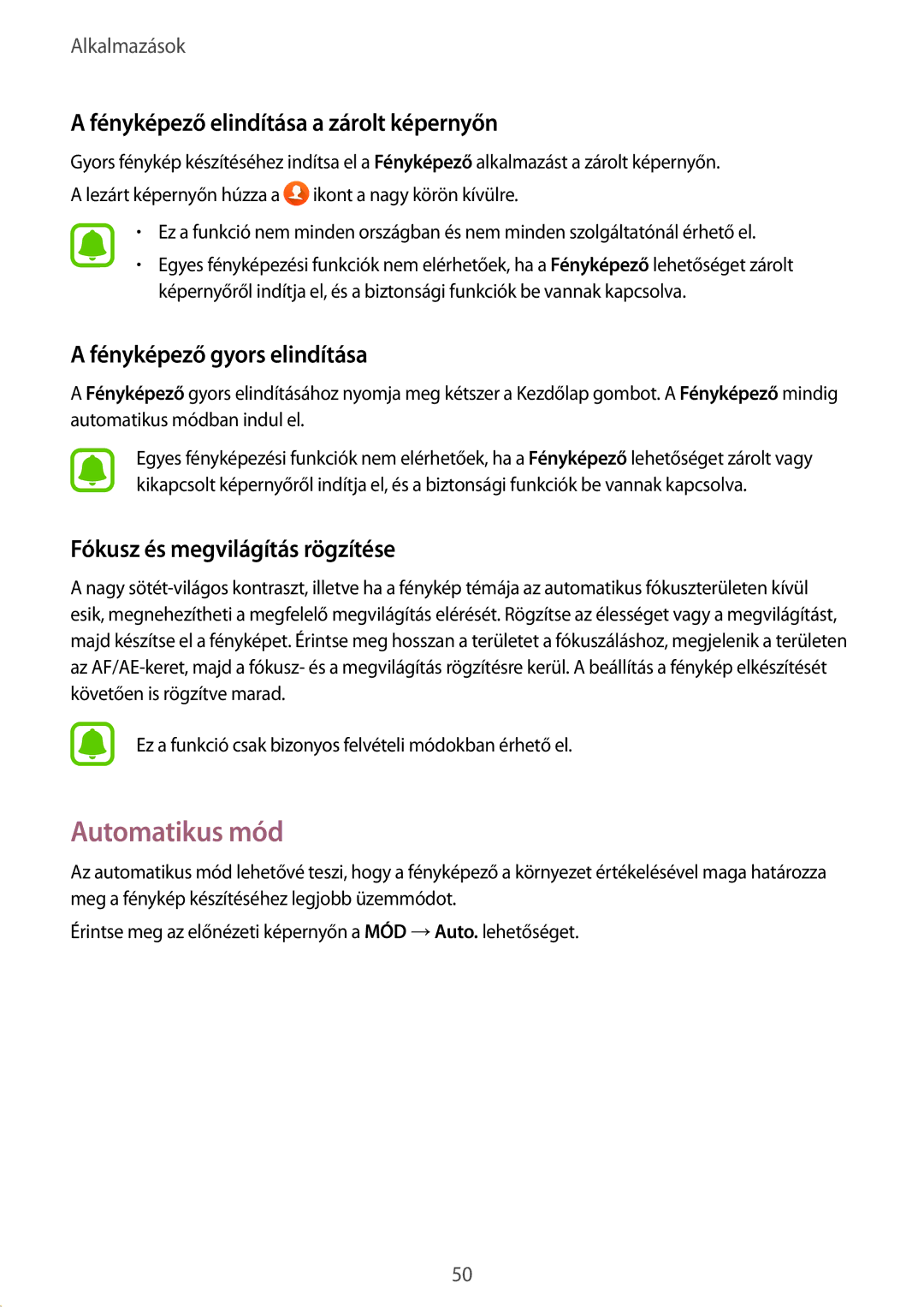 Samsung SM-A310FZDAXEH manual Automatikus mód, Fényképező elindítása a zárolt képernyőn, Fényképező gyors elindítása 