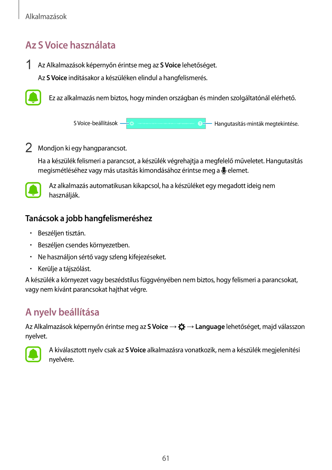 Samsung SM-A310FZWAXEH, SM-A310FZKAXEH manual Az S Voice használata, Nyelv beállítása, Tanácsok a jobb hangfelismeréshez 