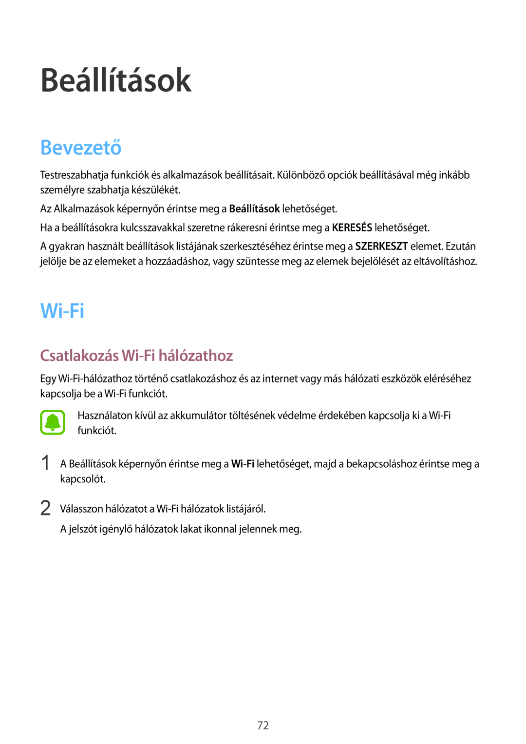 Samsung SM-A310FZKAXEH, SM-A310FZWAXEH, SM-A310FZDAXEH manual Bevezető, Csatlakozás Wi-Fi hálózathoz 