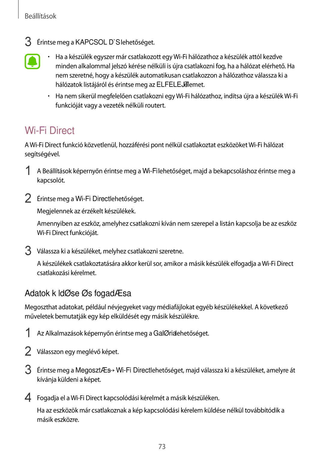 Samsung SM-A310FZWAXEH, SM-A310FZKAXEH, SM-A310FZDAXEH manual Wi-Fi Direct, Adatok küldése és fogadása 
