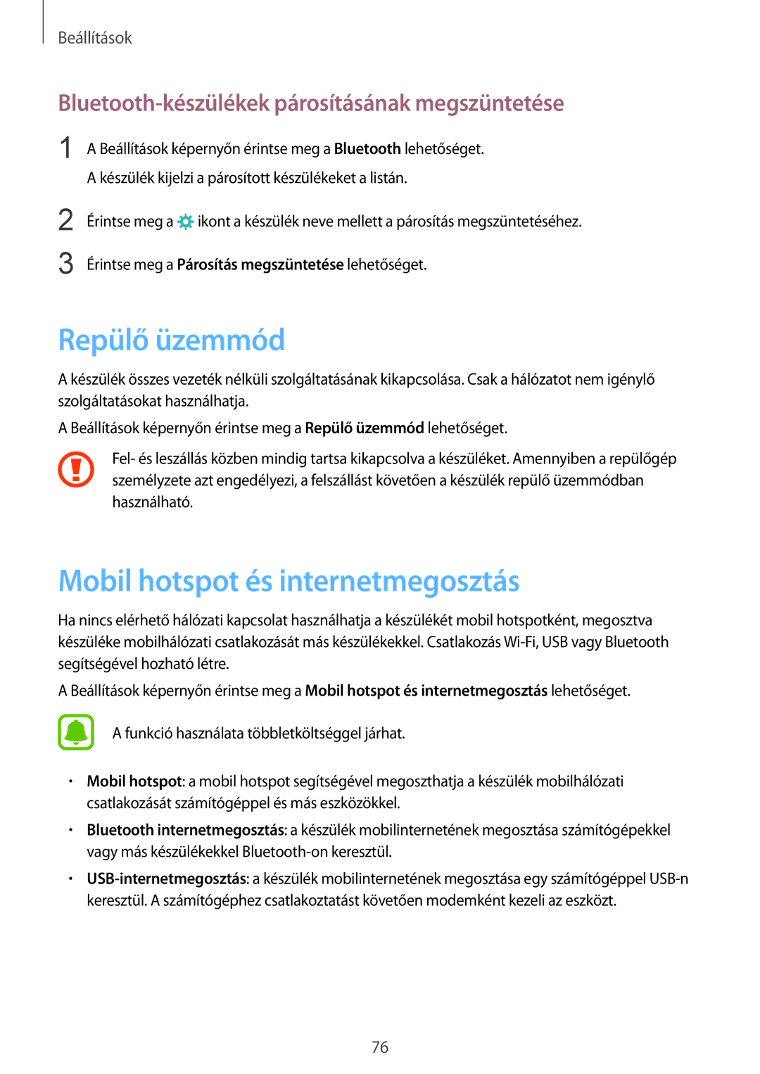 Samsung SM-A310FZWAXEH, SM-A310FZKAXEH, SM-A310FZDAXEH manual Repülő üzemmód, Mobil hotspot és internetmegosztás 