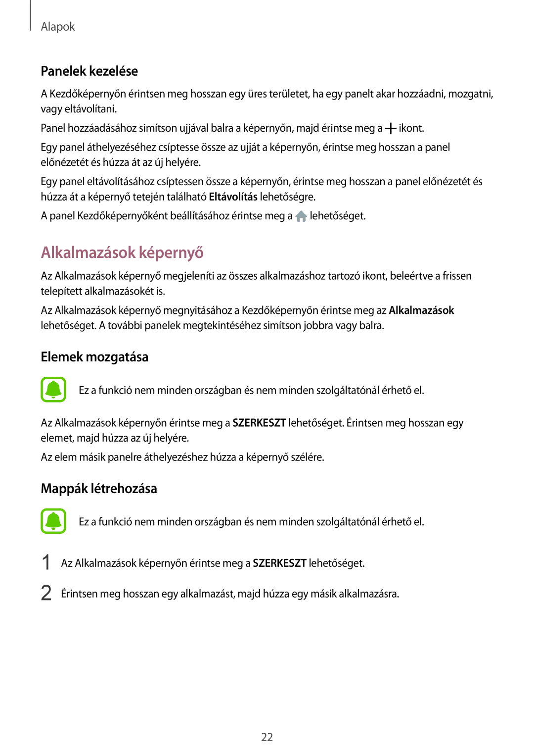 Samsung SM-A310FZWAXEH, SM-A310FZKAXEH, SM-A310FZDAXEH manual Alkalmazások képernyő, Panelek kezelése, Elemek mozgatása 