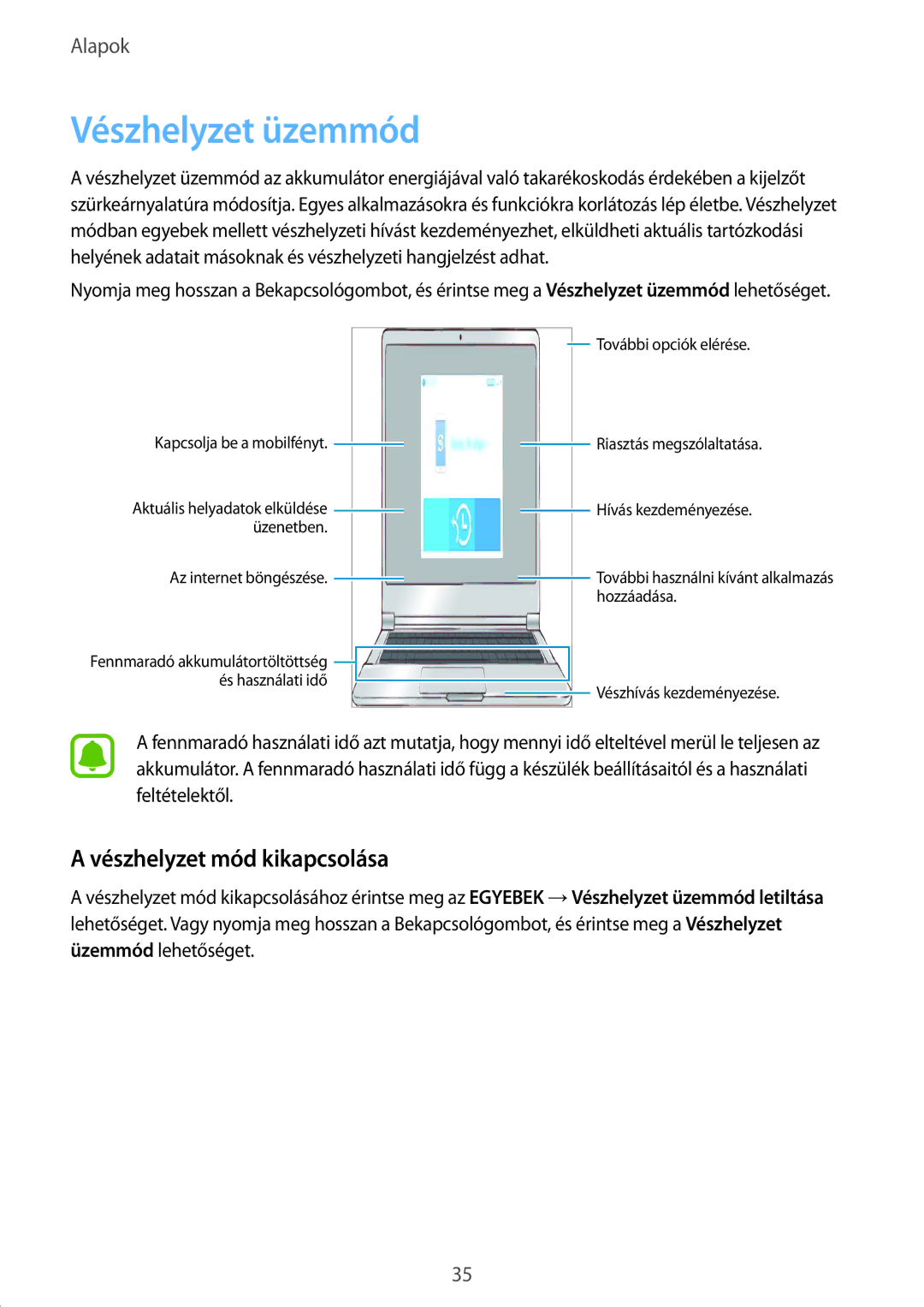 Samsung SM-A310FZDAXEH, SM-A310FZKAXEH, SM-A310FZWAXEH manual Vészhelyzet üzemmód, Vészhelyzet mód kikapcsolása 