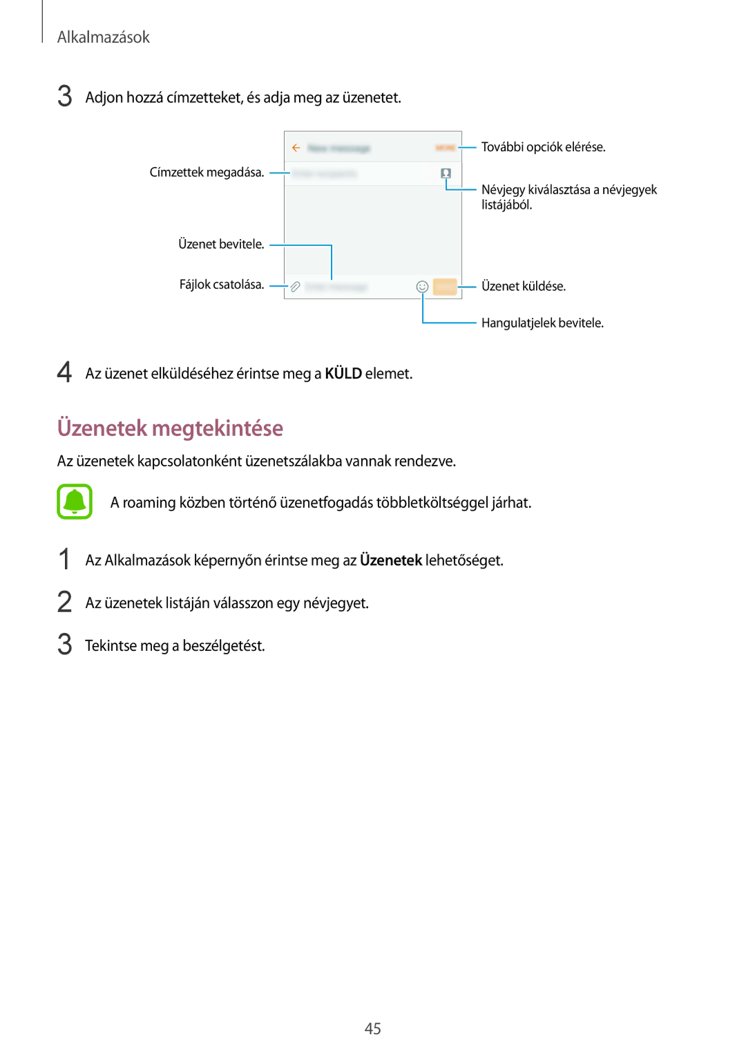 Samsung SM-A310FZKAXEH, SM-A310FZWAXEH manual Üzenetek megtekintése, Adjon hozzá címzetteket, és adja meg az üzenetet 