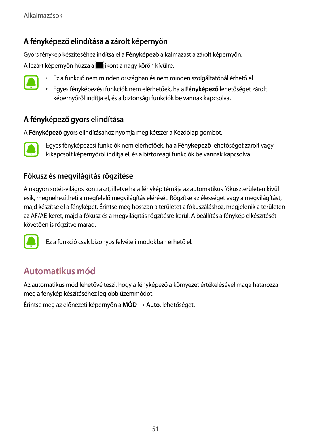 Samsung SM-A310FZKAXEH manual Automatikus mód, Fényképező elindítása a zárolt képernyőn, Fényképező gyors elindítása 