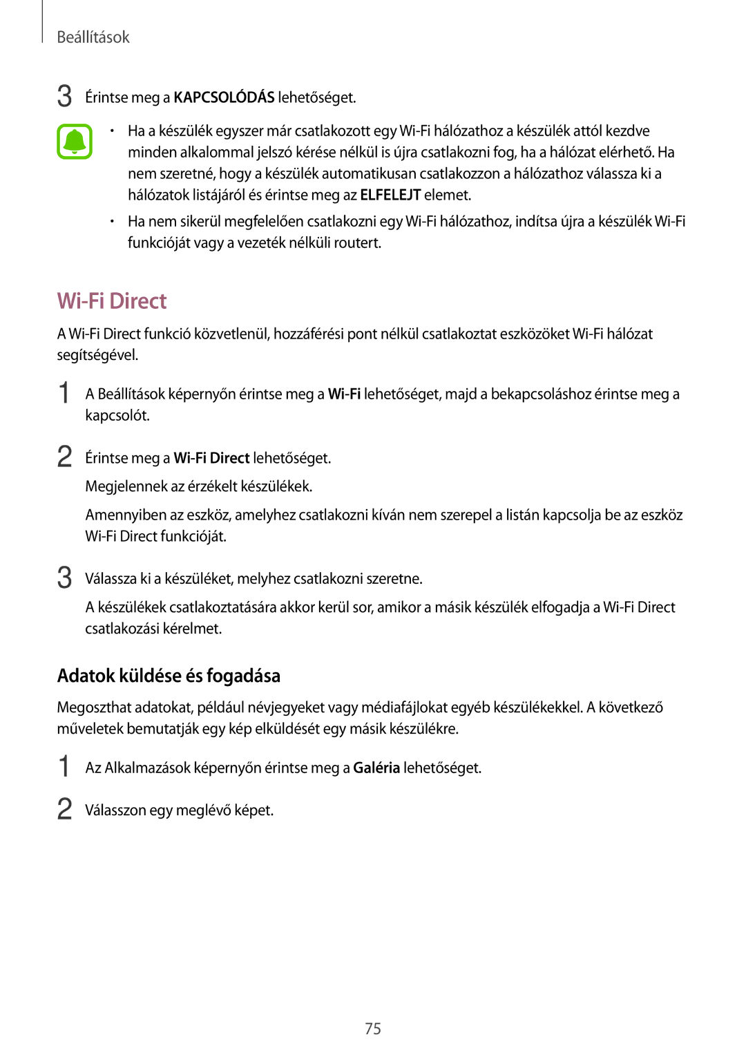 Samsung SM-A310FZKAXEH, SM-A310FZWAXEH, SM-A310FZDAXEH manual Wi-Fi Direct, Adatok küldése és fogadása 