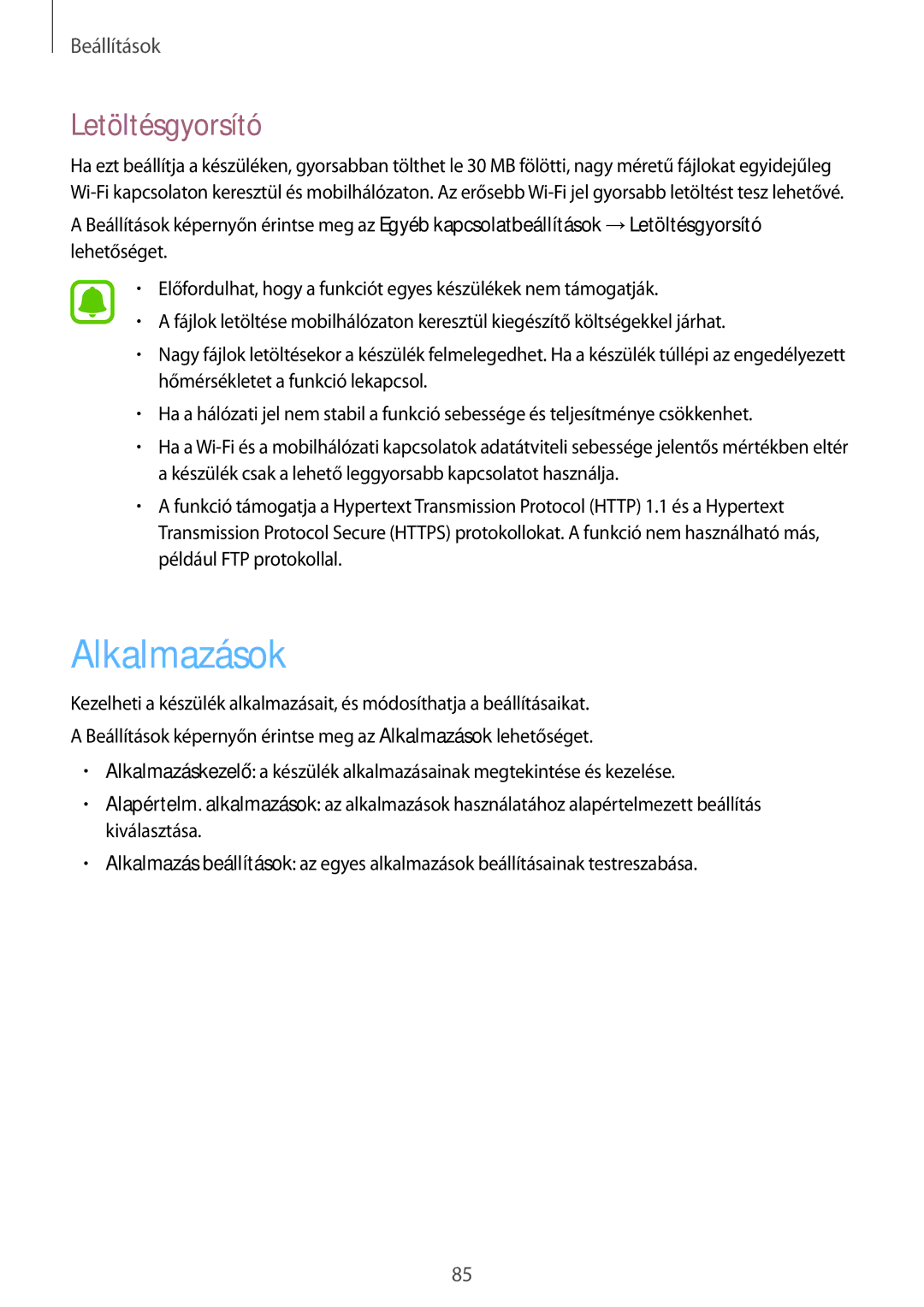 Samsung SM-A310FZWAXEH, SM-A310FZKAXEH, SM-A310FZDAXEH manual Alkalmazások, Letöltésgyorsító 