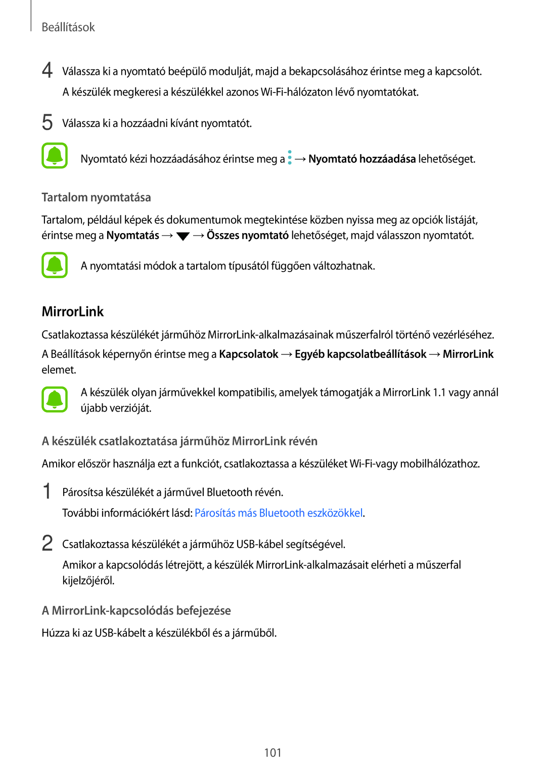 Samsung SM-A310FZDAXEH, SM-A310FZKAXEH, SM-A310FZWAXEH manual MirrorLink, Tartalom nyomtatása 