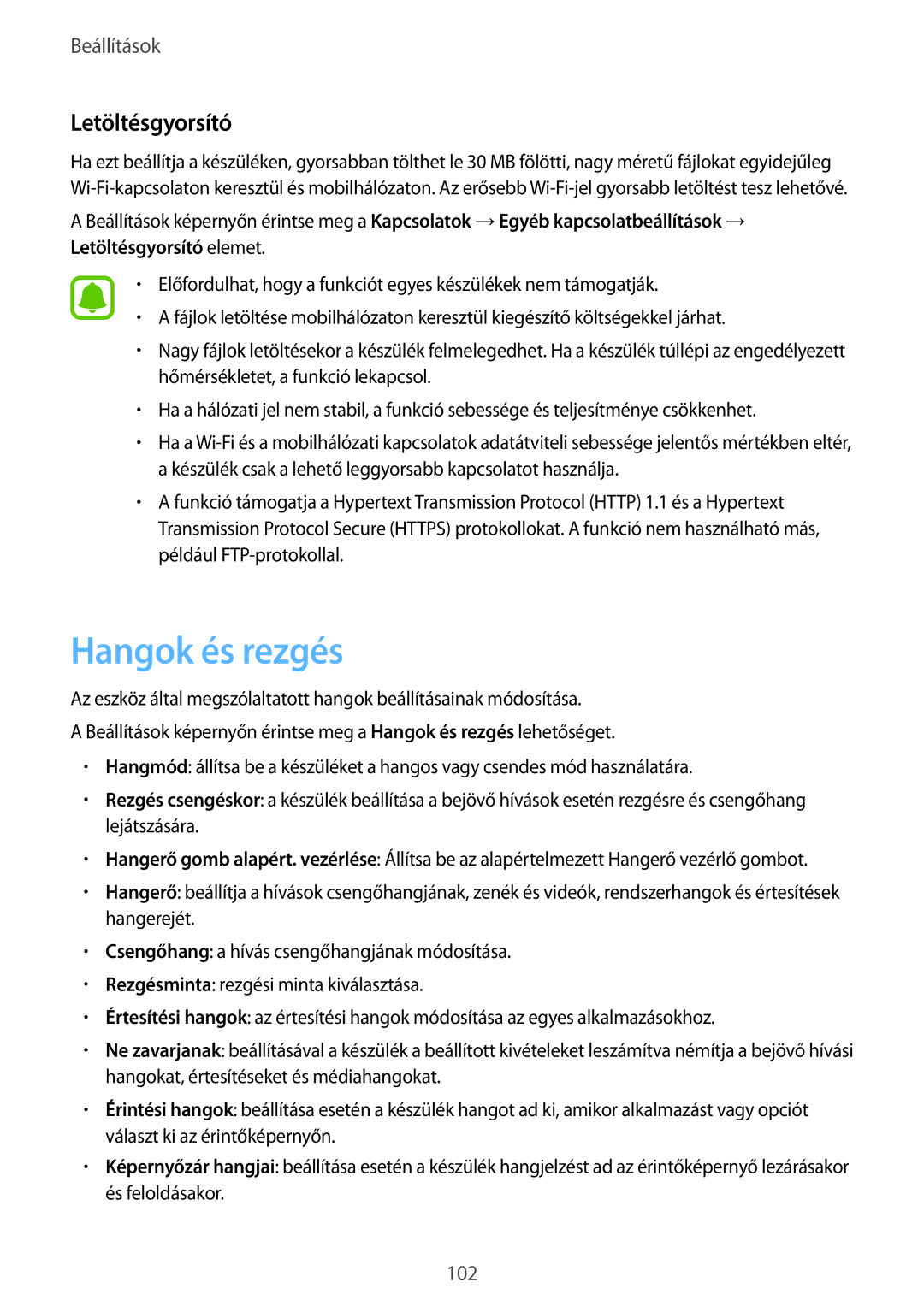 Samsung SM-A310FZKAXEH, SM-A310FZWAXEH, SM-A310FZDAXEH manual Hangok és rezgés, Letöltésgyorsító 