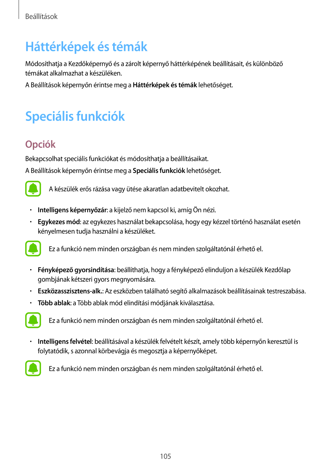 Samsung SM-A310FZKAXEH, SM-A310FZWAXEH, SM-A310FZDAXEH manual Háttérképek és témák, Speciális funkciók 