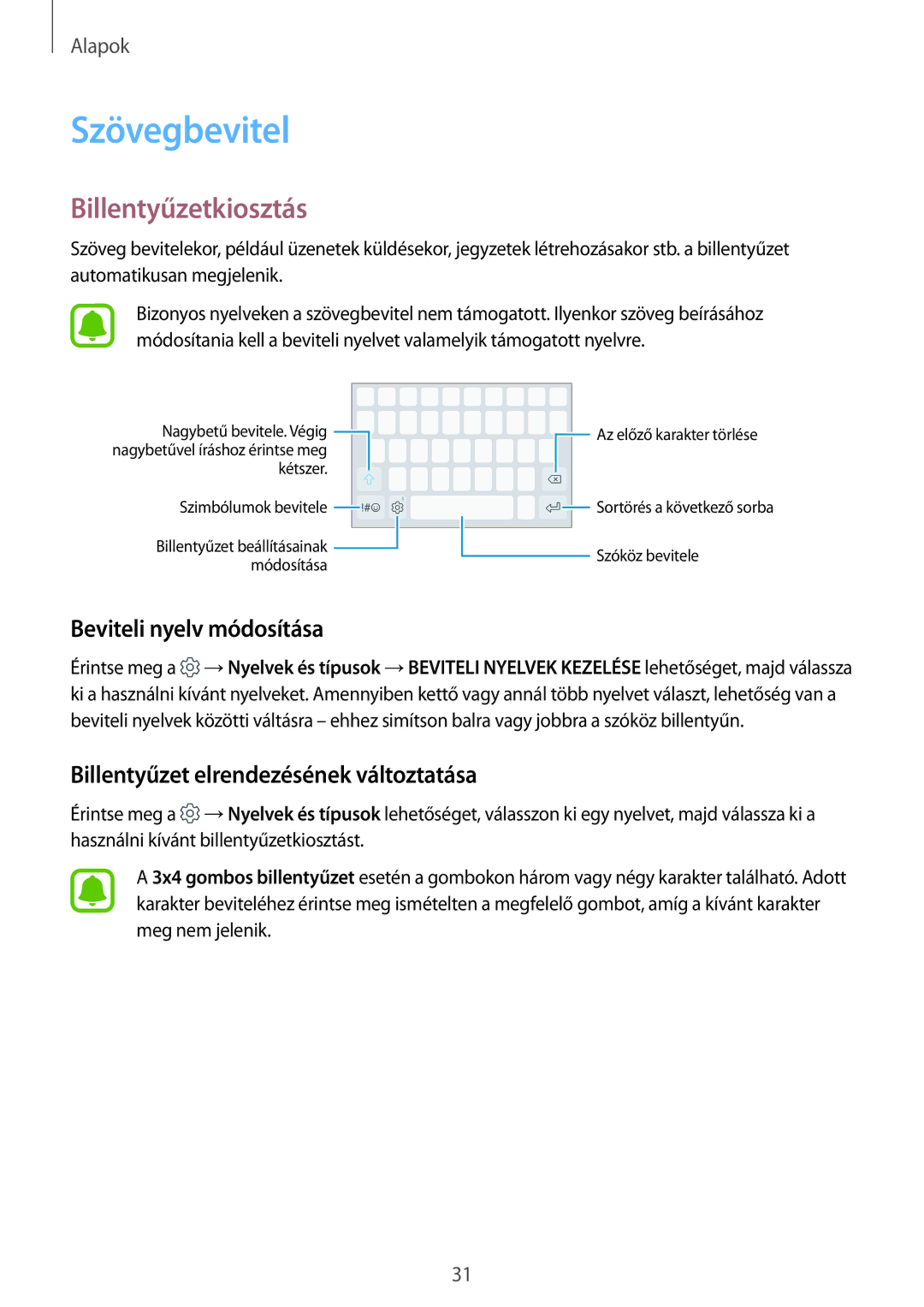 Samsung SM-A310FZWAXEH, SM-A310FZKAXEH, SM-A310FZDAXEH manual Szövegbevitel, Billentyűzetkiosztás, Beviteli nyelv módosítása 