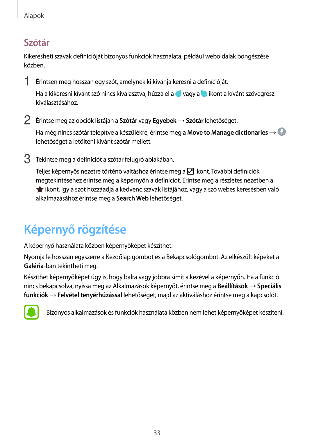 Samsung SM-A310FZKAXEH, SM-A310FZWAXEH, SM-A310FZDAXEH manual Képernyő rögzítése, Szótár 