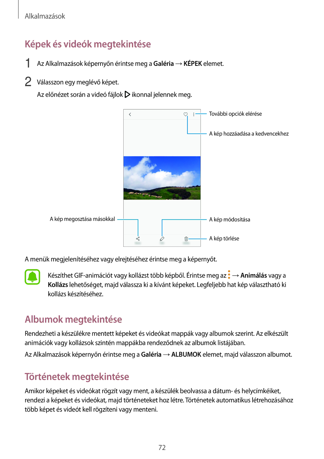 Samsung SM-A310FZKAXEH, SM-A310FZWAXEH manual Képek és videók megtekintése, Albumok megtekintése, Történetek megtekintése 